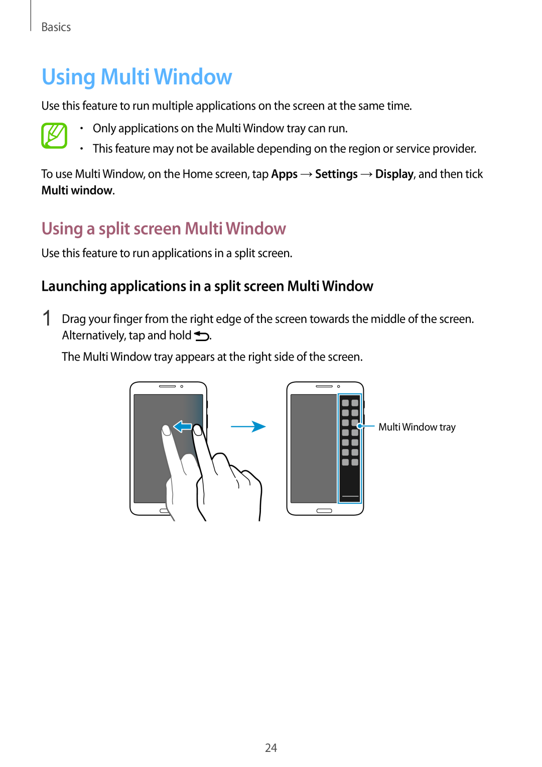 Samsung SM-T3150ZWATMH, SM-T3150ZWAVD2, SM-T3150ZWADBT manual Using Multi Window, Using a split screen Multi Window, Basics 