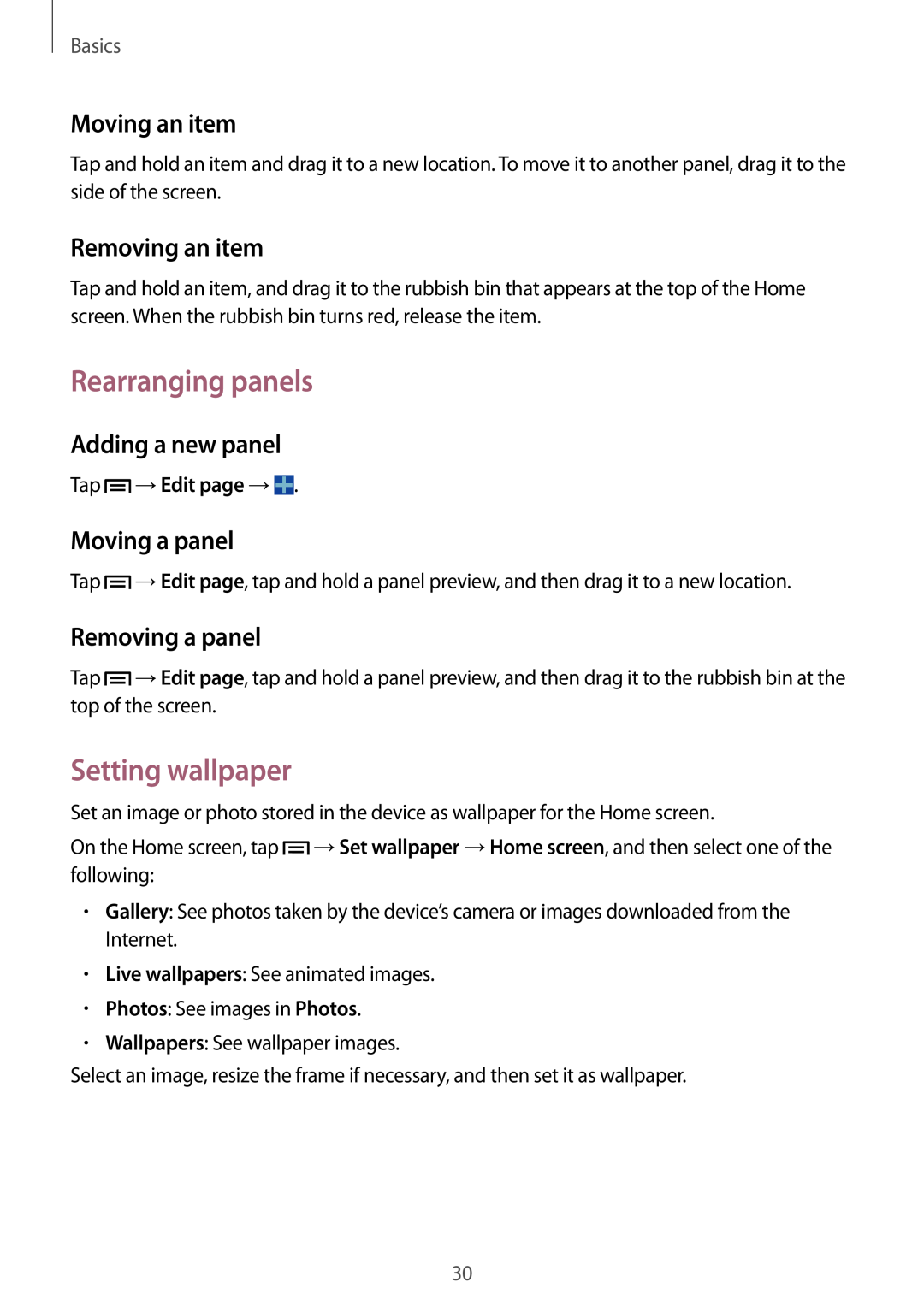 Samsung SM-T3150MKADBT Rearranging panels, Setting wallpaper, Moving an item, Removing an item, Adding a new panel, Basics 