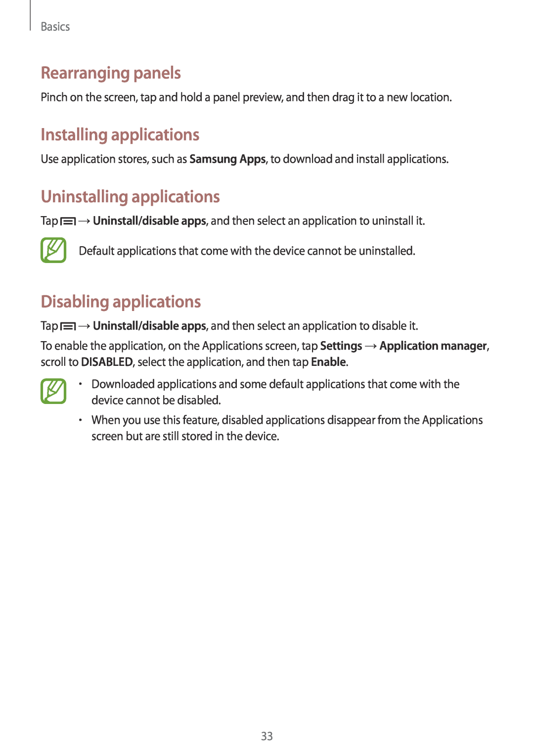 Samsung SM-T3150ZWABOG Installing applications, Uninstalling applications, Disabling applications, Rearranging panels 