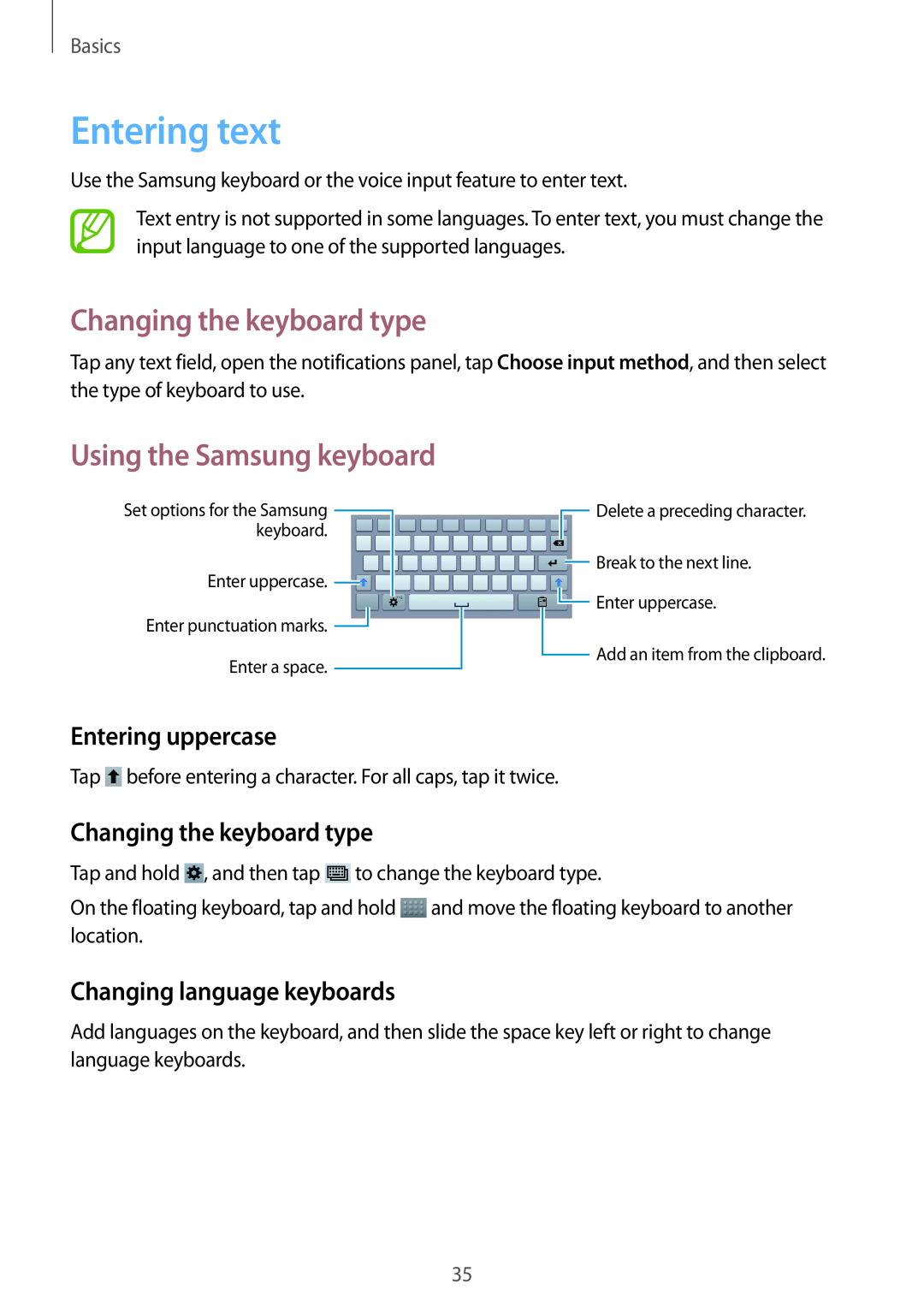 Samsung SM-T3150ZWAATL Entering text, Changing the keyboard type, Using the Samsung keyboard, Entering uppercase, Basics 