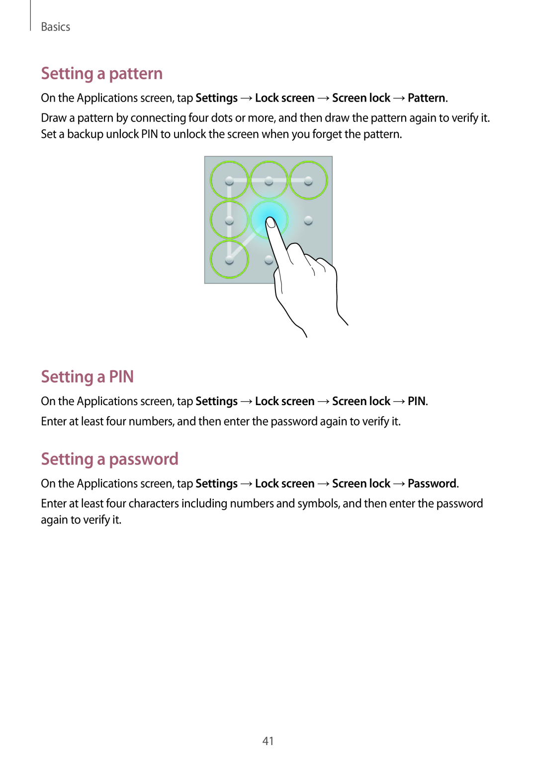 Samsung SM-T3150ZWENEE, SM-T3150ZWAVD2, SM-T3150ZWADBT manual Setting a pattern, Setting a PIN, Setting a password, Basics 