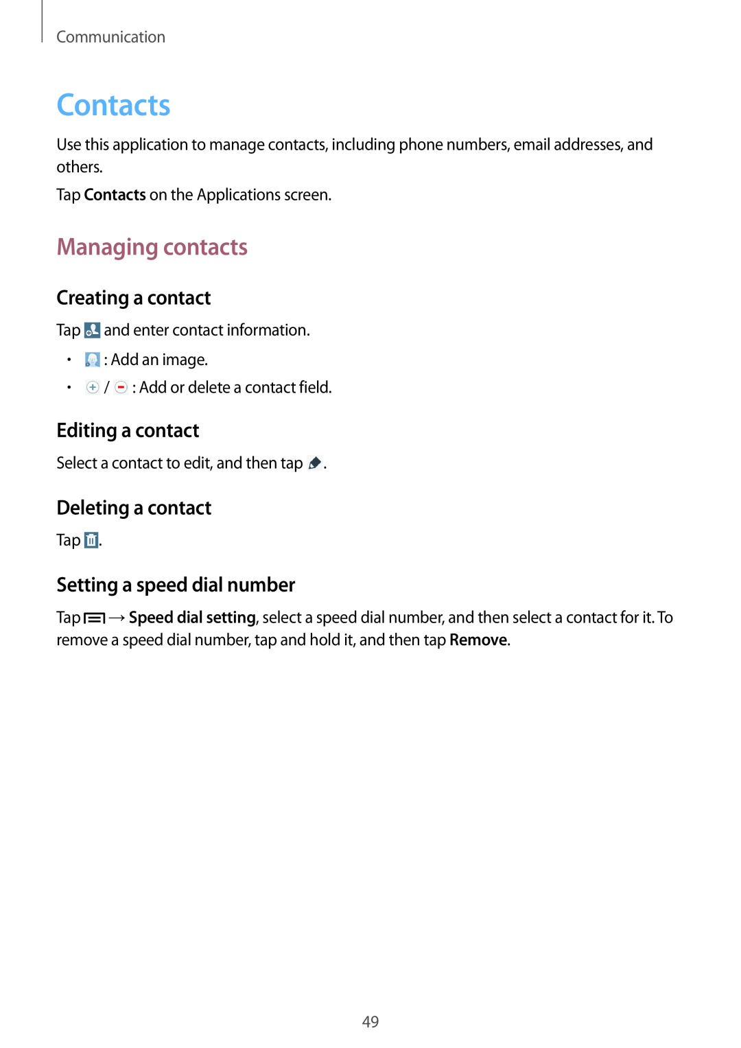 Samsung SM-T3150ZWACOS manual Contacts, Managing contacts, Creating a contact, Editing a contact, Deleting a contact 