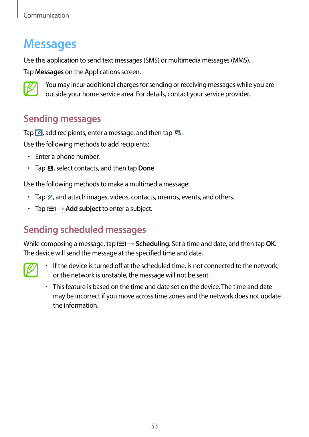 Samsung SM-T3150ZWAPAN, SM-T3150ZWAVD2 manual Messages, Sending messages, Sending scheduled messages, Communication 