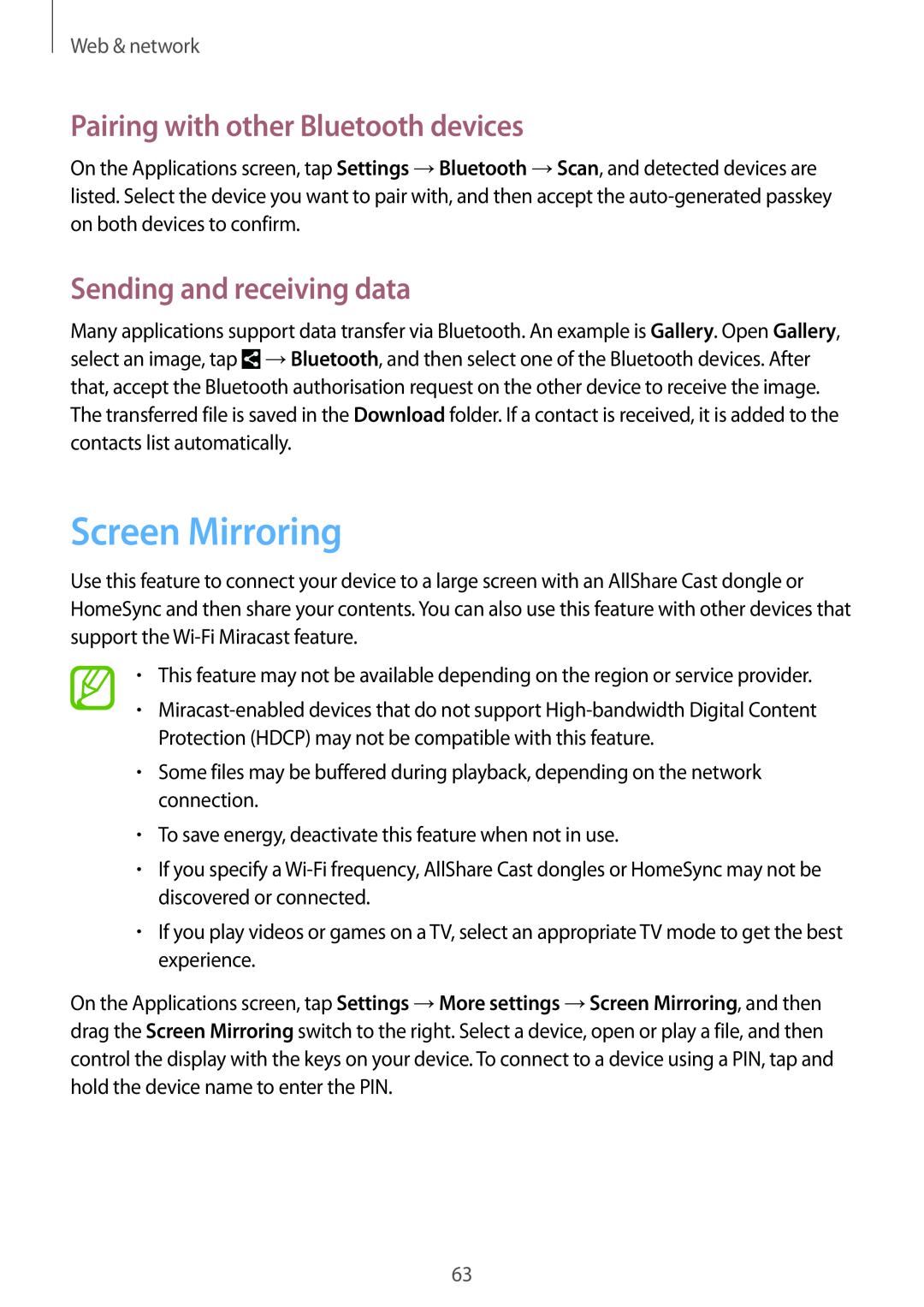 Samsung SM-T3150ZWACRO Screen Mirroring, Pairing with other Bluetooth devices, Sending and receiving data, Web & network 