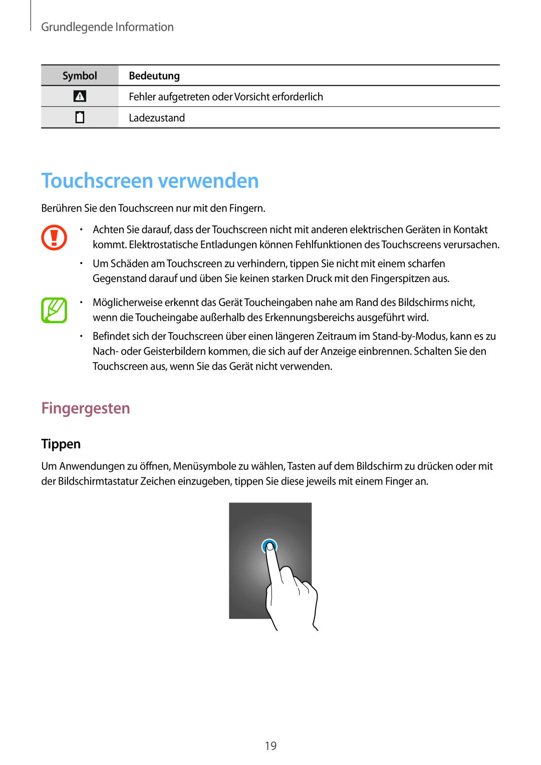 Samsung SM-T3150ZWABOG manual Touchscreen verwenden, Fingergesten, Tippen, Grundlegende Information, Symbol Bedeutung 