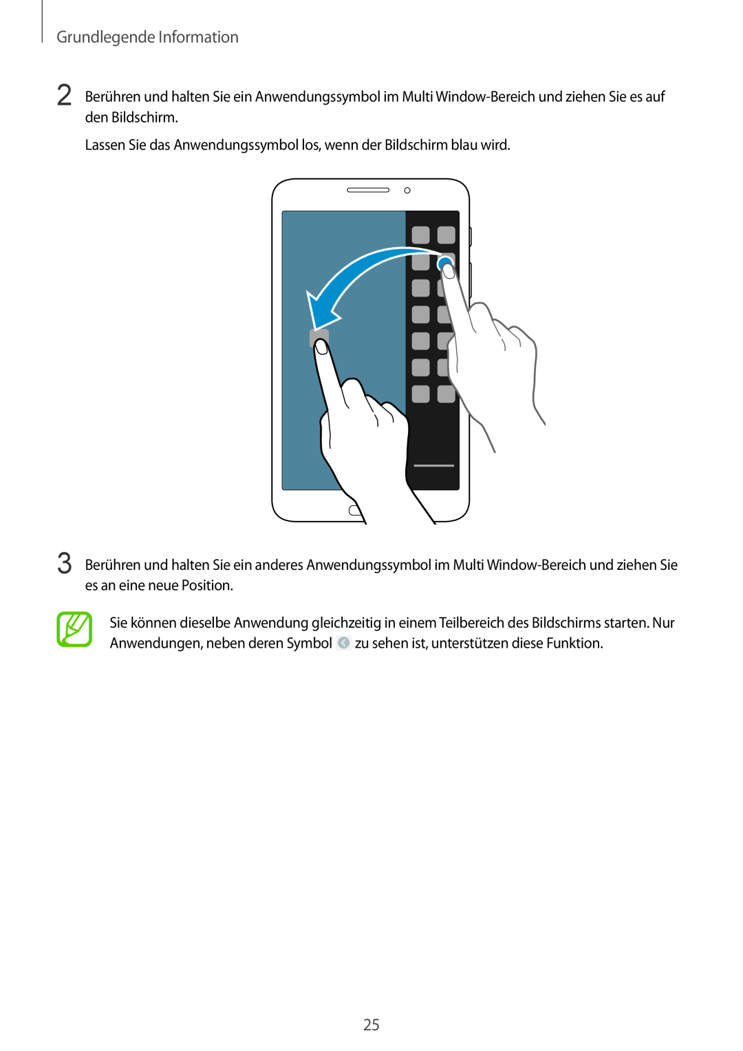 Samsung SM-T3150ZWAVD2 manual Grundlegende Information, Lassen Sie das Anwendungssymbol los, wenn der Bildschirm blau wird 