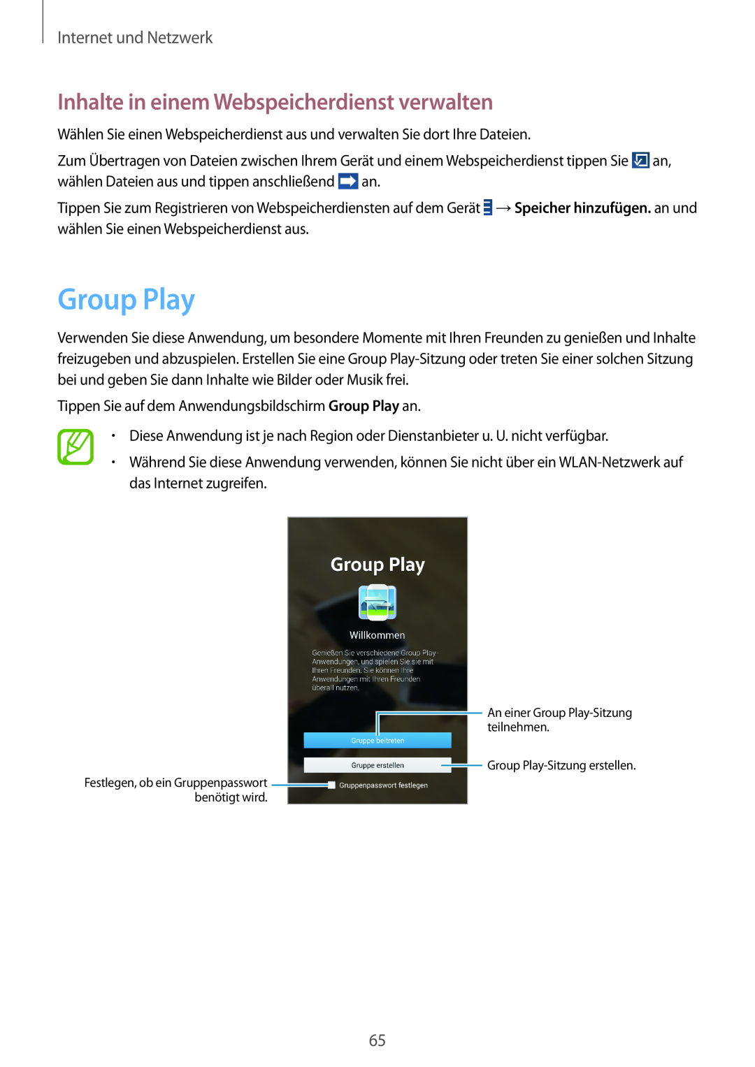 Samsung SM-T3150ZWAVD2, SM-T3150ZWADBT Group Play, Inhalte in einem Webspeicherdienst verwalten, Internet und Netzwerk 