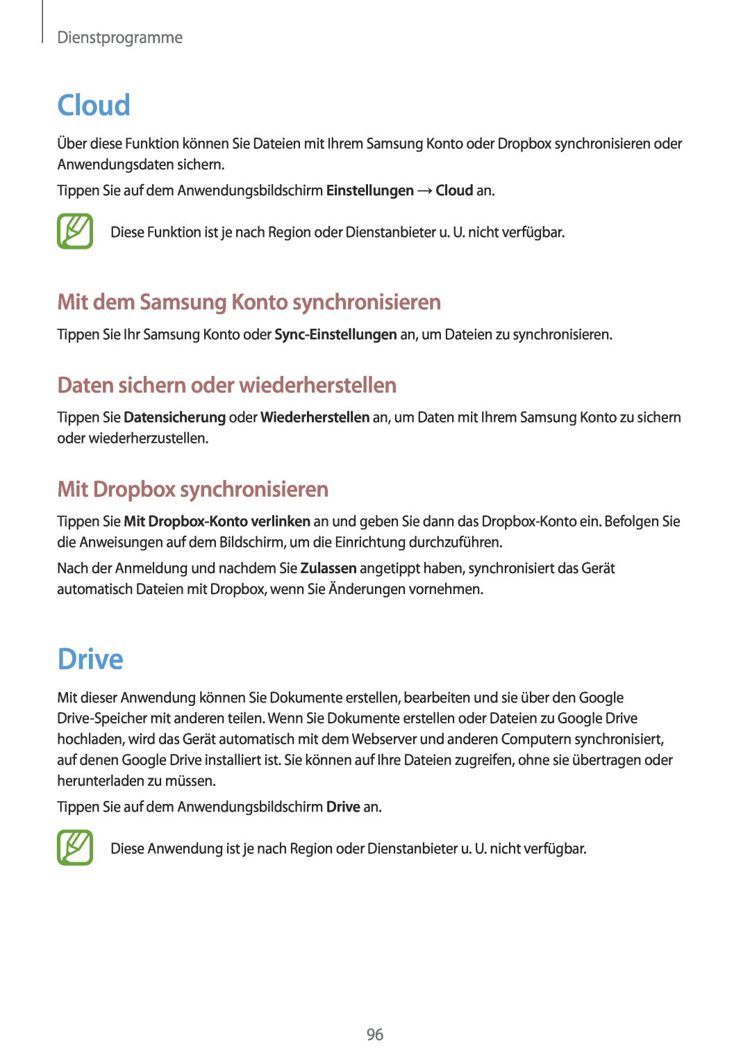 Samsung SM-T3150ZWADBT manual Cloud, Drive, Mit dem Samsung Konto synchronisieren, Daten sichern oder wiederherstellen 