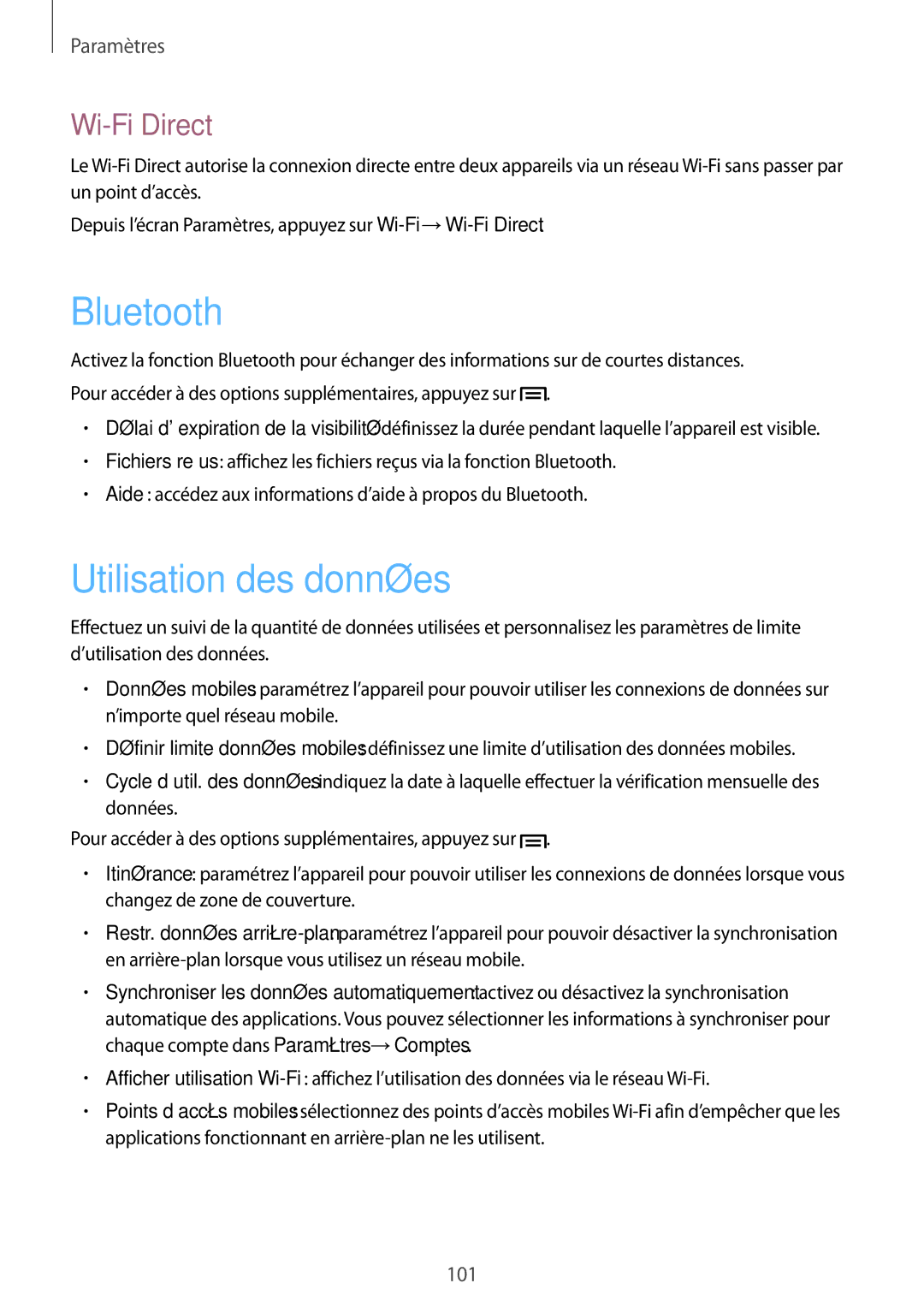 Samsung SM-T3150MKAXEF, SM-T3150ZWAXEF, SM-T3150ZWABOG, SM-T3150MKABOG manual Utilisation des données, Wi-Fi Direct 