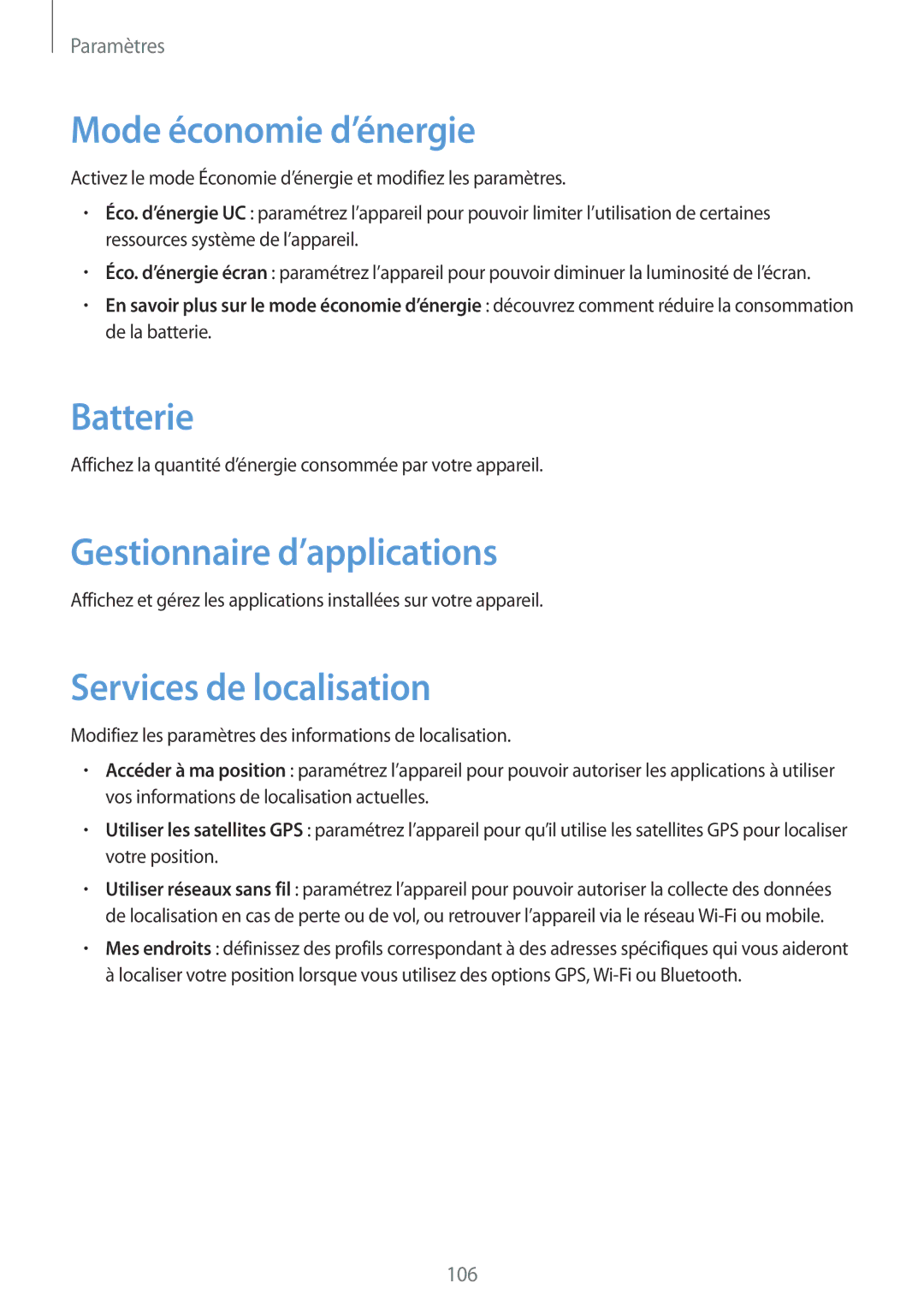 Samsung SM-T3150ZWABOG manual Mode économie d’énergie, Batterie, Gestionnaire d’applications, Services de localisation 