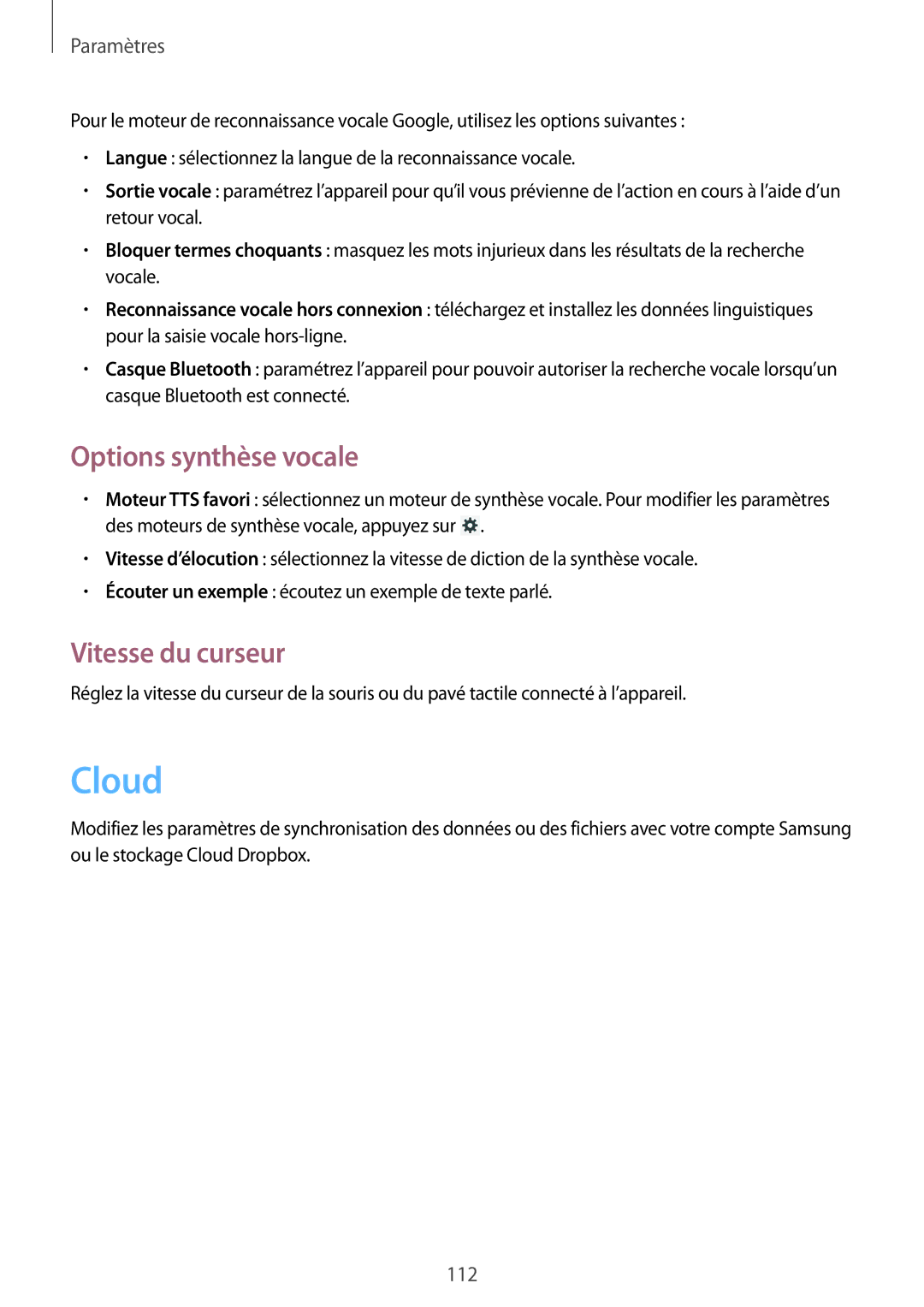 Samsung SM-T3150ZWAXEF, SM-T3150MKAXEF, SM-T3150ZWABOG, SM-T3150MKABOG manual Options synthèse vocale, Vitesse du curseur 