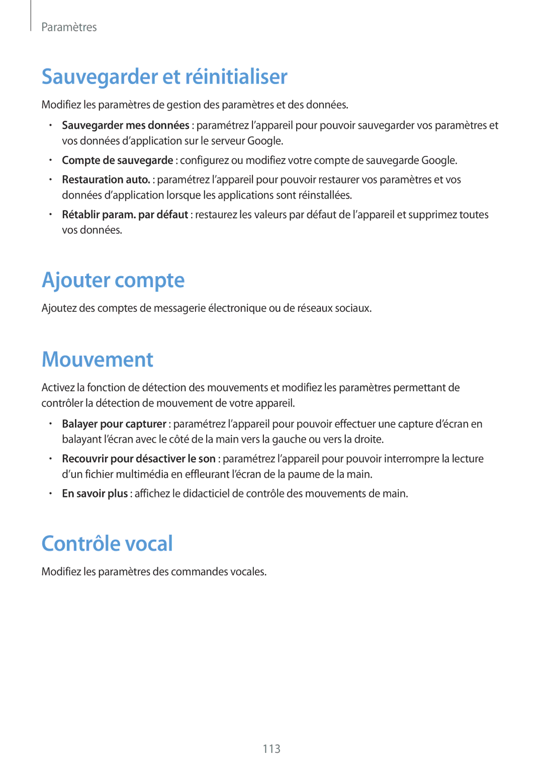 Samsung SM-T3150MKAXEF, SM-T3150ZWAXEF manual Sauvegarder et réinitialiser, Ajouter compte, Mouvement, Contrôle vocal 