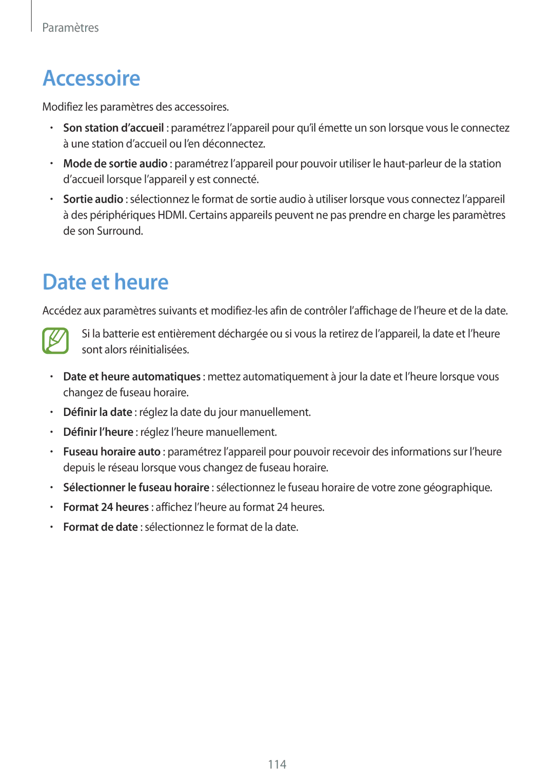 Samsung SM-T3150ZWABOG, SM-T3150ZWAXEF, SM-T3150MKAXEF, SM-T3150MKABOG manual Accessoire, Date et heure 