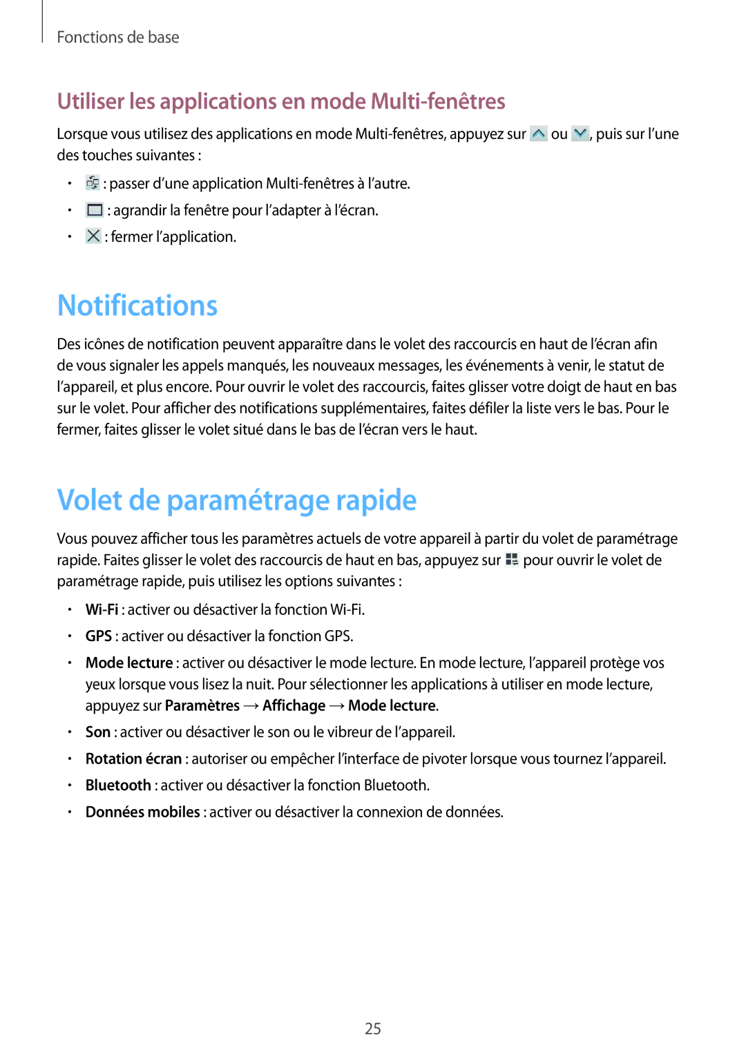 Samsung SM-T3150MKAXEF manual Notifications, Volet de paramétrage rapide, Utiliser les applications en mode Multi-fenêtres 