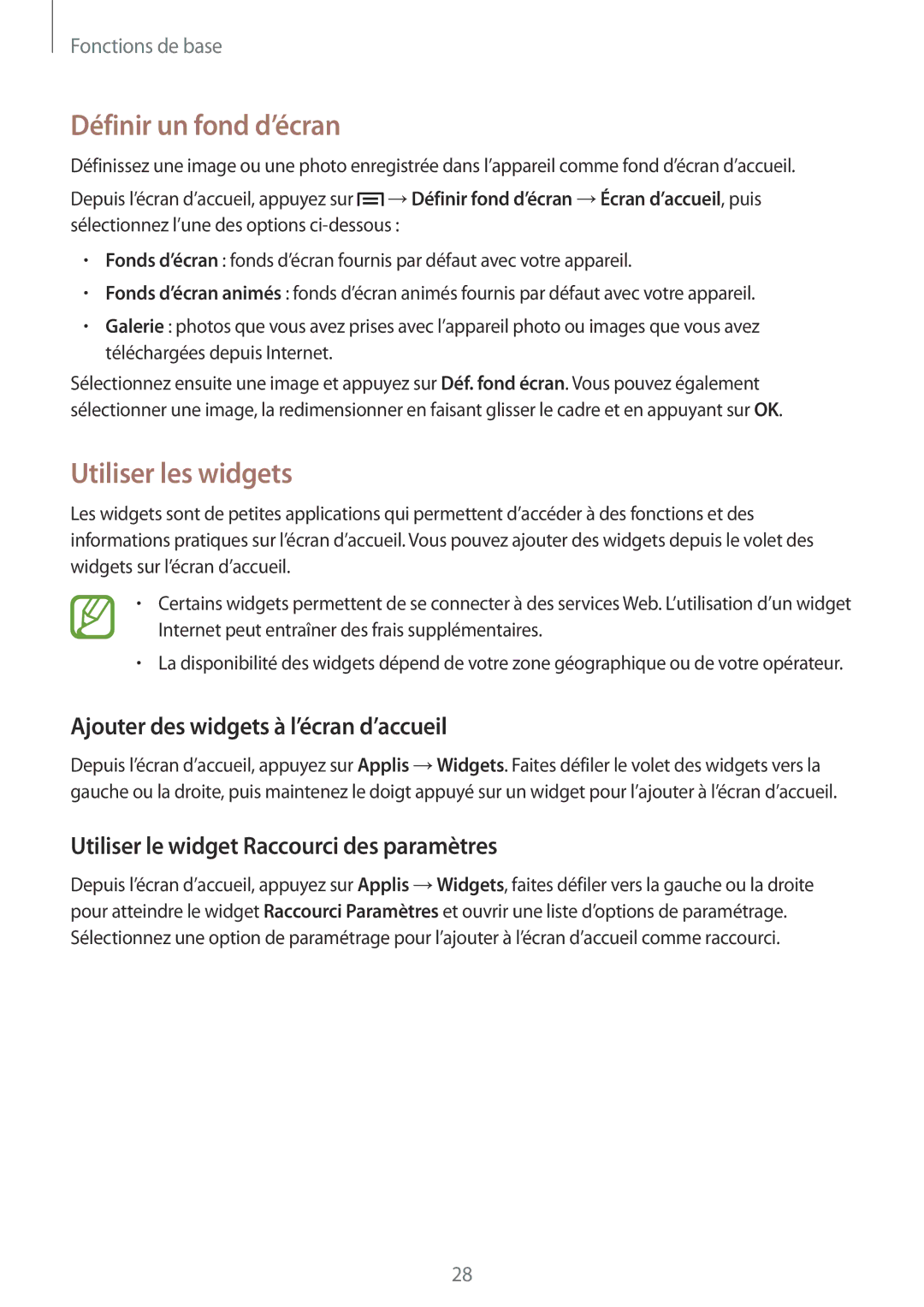 Samsung SM-T3150ZWAXEF manual Définir un fond d’écran, Utiliser les widgets, Ajouter des widgets à l’écran d’accueil 