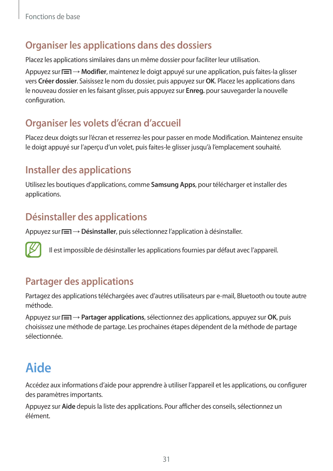 Samsung SM-T3150MKABOG, SM-T3150ZWAXEF manual Aide, Organiser les applications dans des dossiers, Installer des applications 