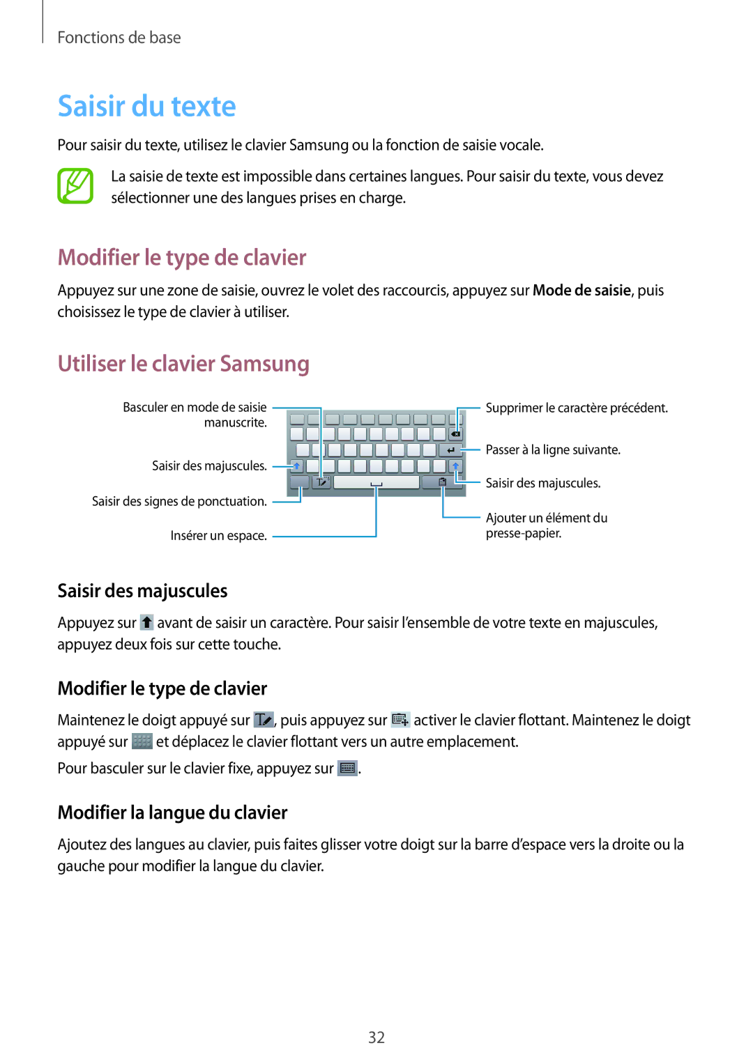 Samsung SM-T3150ZWAXEF, SM-T3150MKAXEF manual Saisir du texte, Modifier le type de clavier, Utiliser le clavier Samsung 