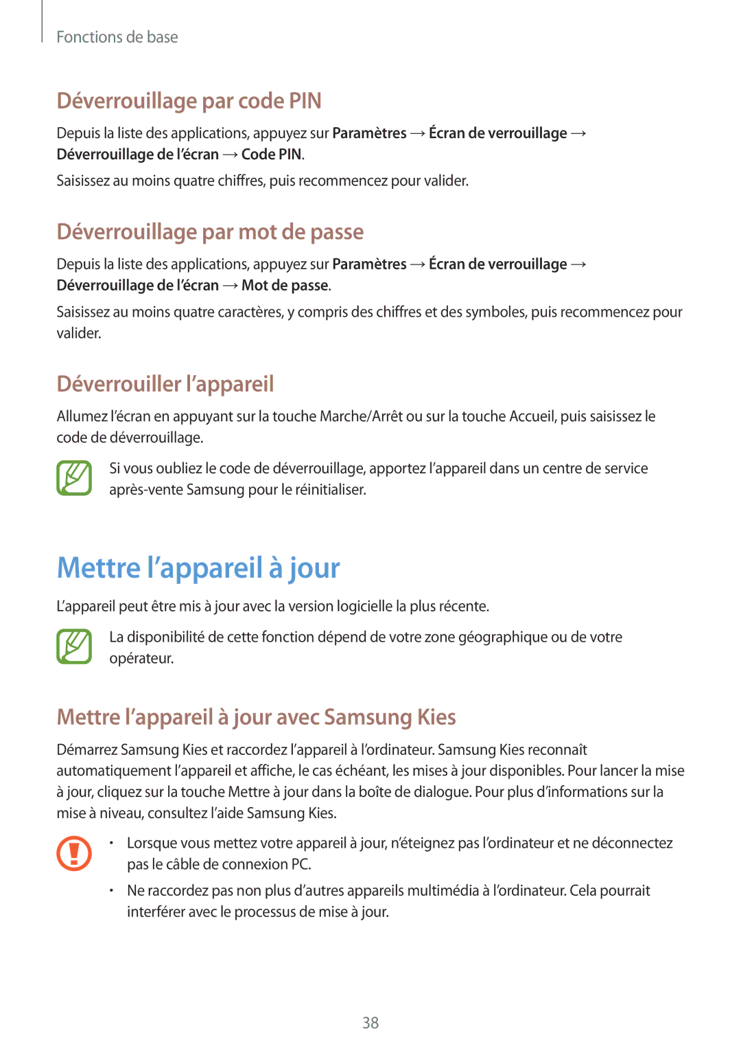 Samsung SM-T3150ZWABOG manual Mettre l’appareil à jour, Déverrouillage par code PIN, Déverrouillage par mot de passe 