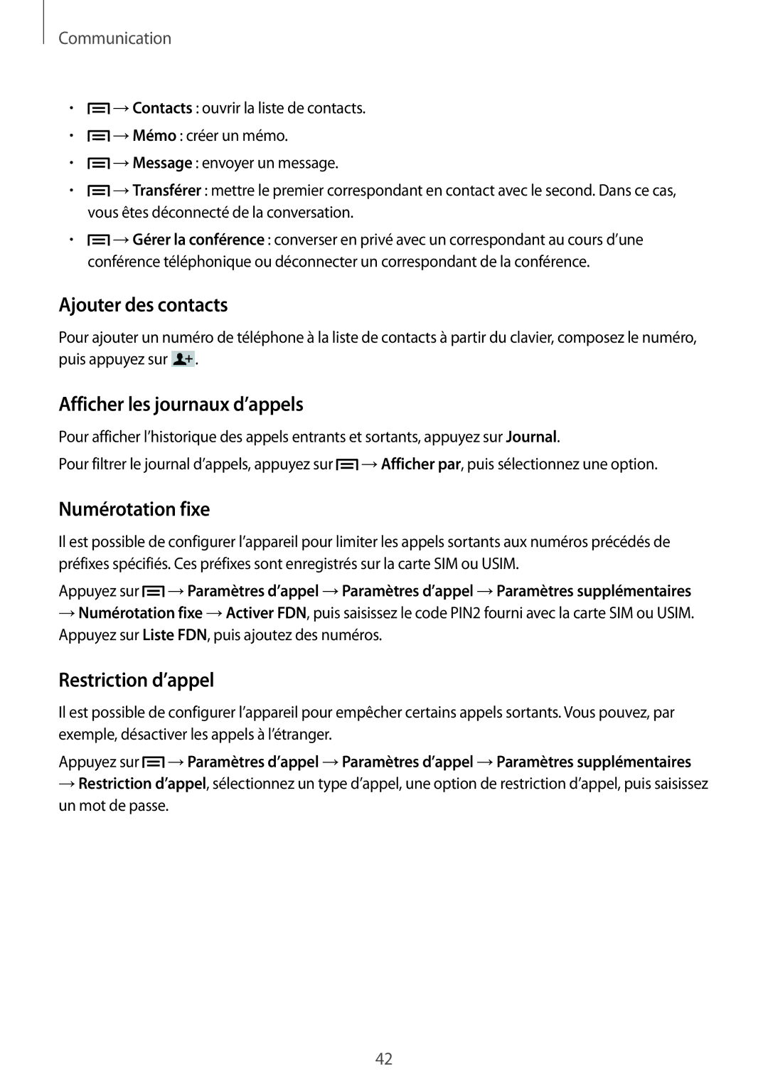 Samsung SM-T3150ZWABOG manual Ajouter des contacts, Afficher les journaux d’appels, Numérotation fixe, Restriction d’appel 