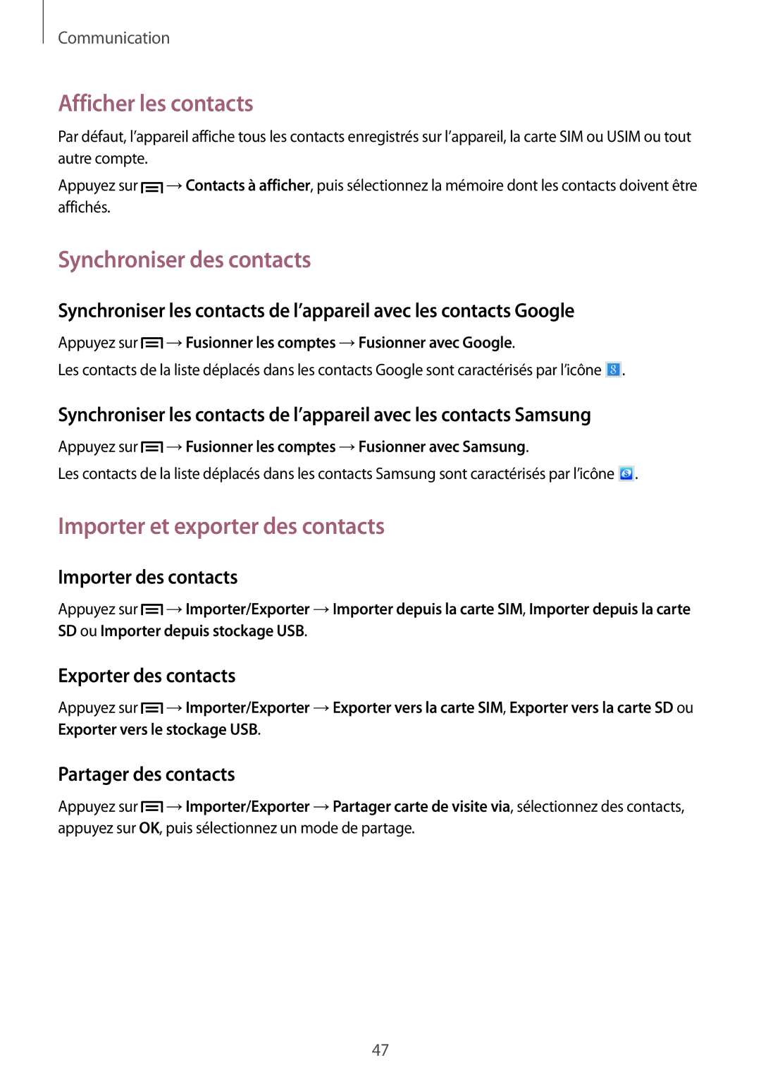 Samsung SM-T3150MKABOG, SM-T3150ZWAXEF Afficher les contacts, Synchroniser des contacts, Importer et exporter des contacts 
