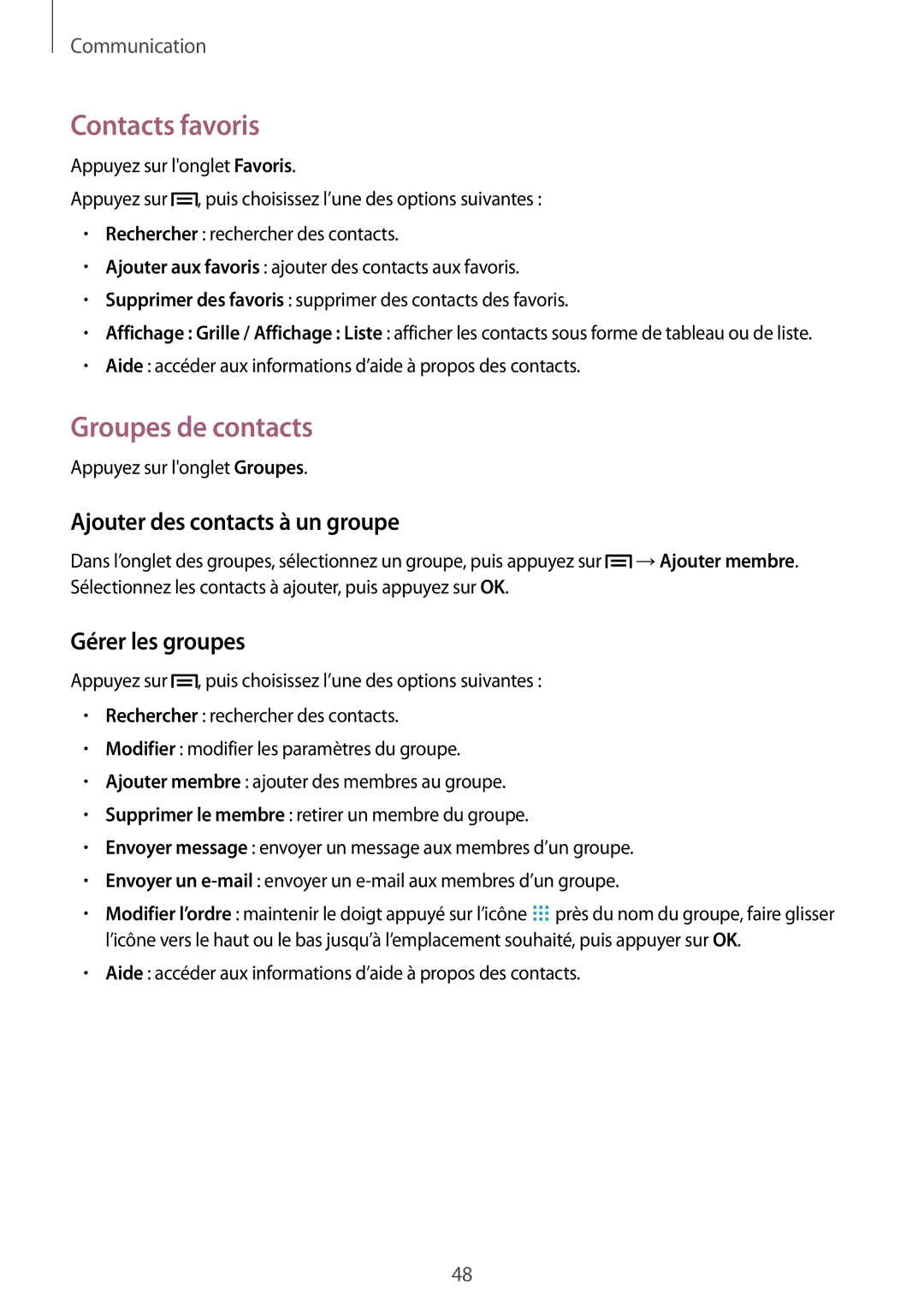 Samsung SM-T3150ZWAXEF manual Contacts favoris, Groupes de contacts, Ajouter des contacts à un groupe, Gérer les groupes 