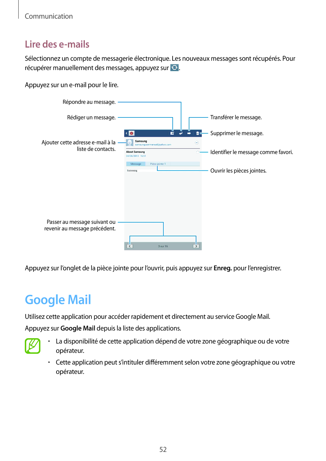 Samsung SM-T3150ZWAXEF, SM-T3150MKAXEF, SM-T3150ZWABOG, SM-T3150MKABOG manual Google Mail, Lire des e-mails 