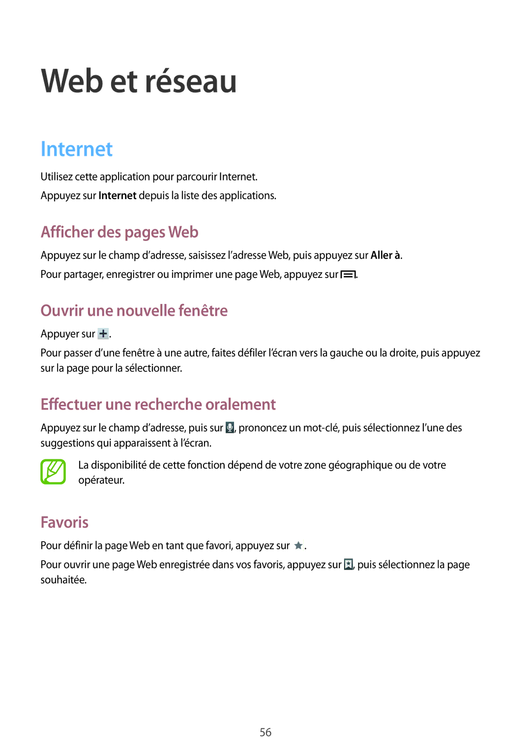 Samsung SM-T3150ZWAXEF Internet, Afficher des pages Web, Ouvrir une nouvelle fenêtre, Effectuer une recherche oralement 