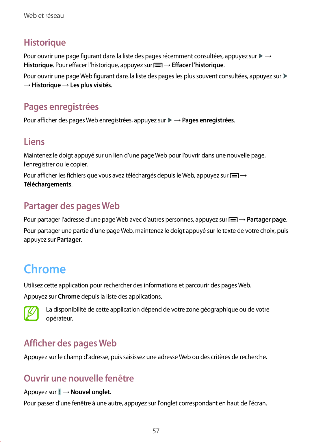 Samsung SM-T3150MKAXEF, SM-T3150ZWAXEF manual Chrome, Historique, Pages enregistrées, Liens, Partager des pages Web 