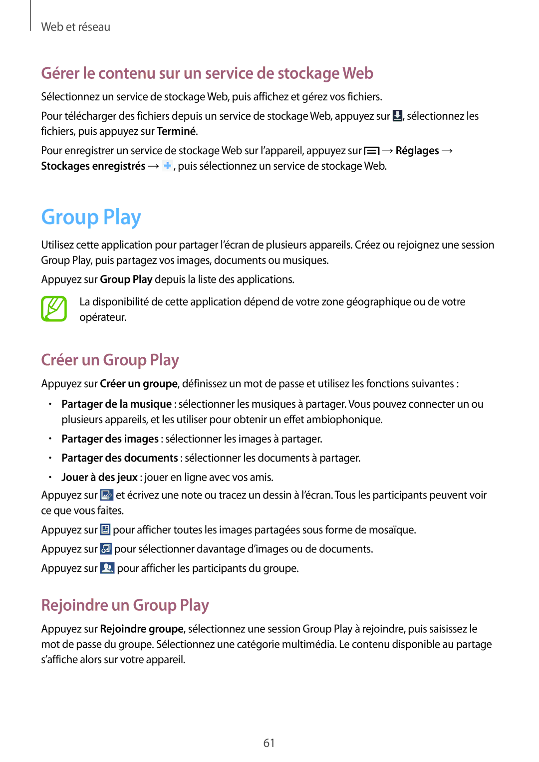 Samsung SM-T3150MKAXEF Gérer le contenu sur un service de stockage Web, Créer un Group Play, Rejoindre un Group Play 