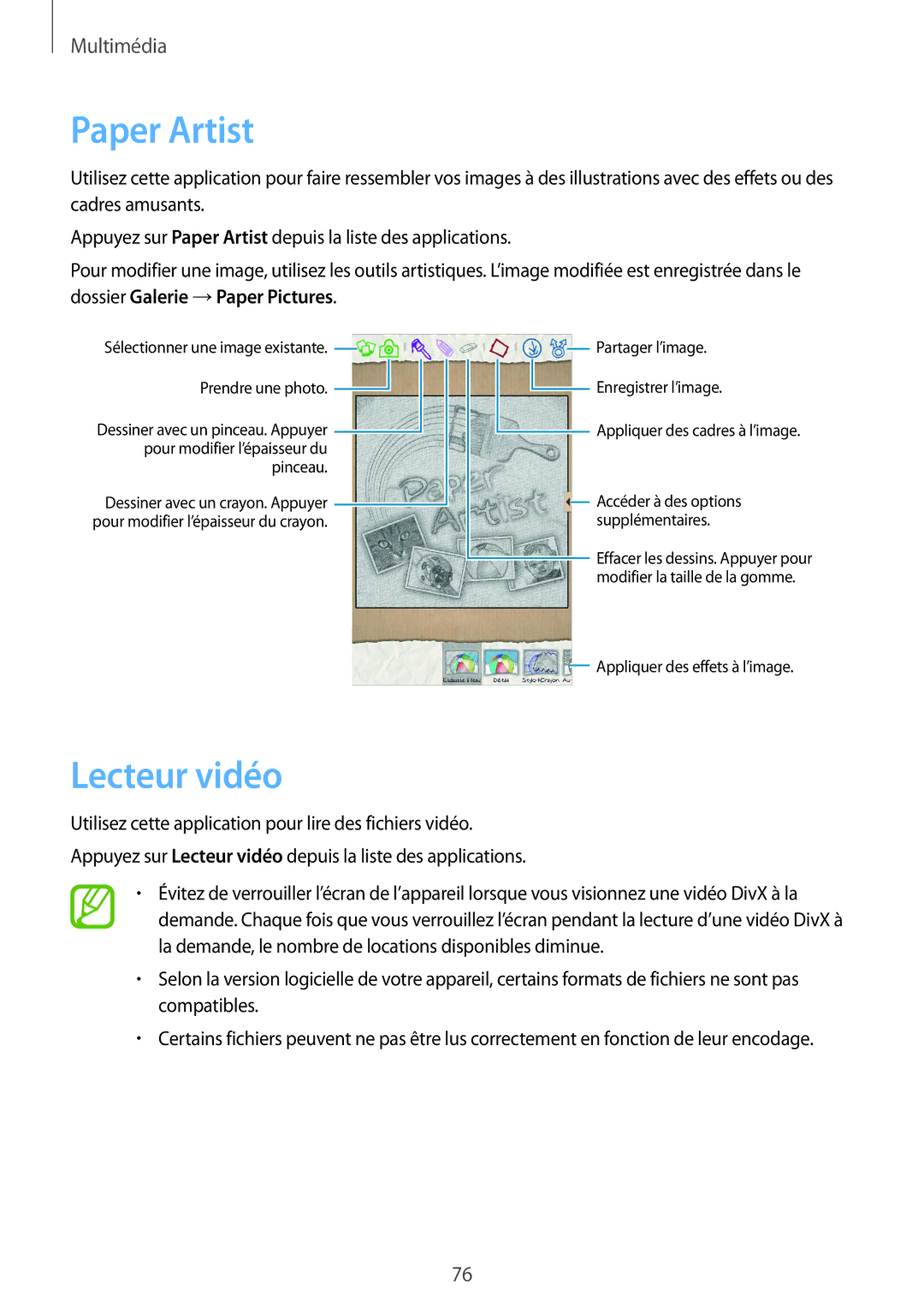 Samsung SM-T3150ZWAXEF, SM-T3150MKAXEF, SM-T3150ZWABOG, SM-T3150MKABOG manual Paper Artist, Lecteur vidéo 