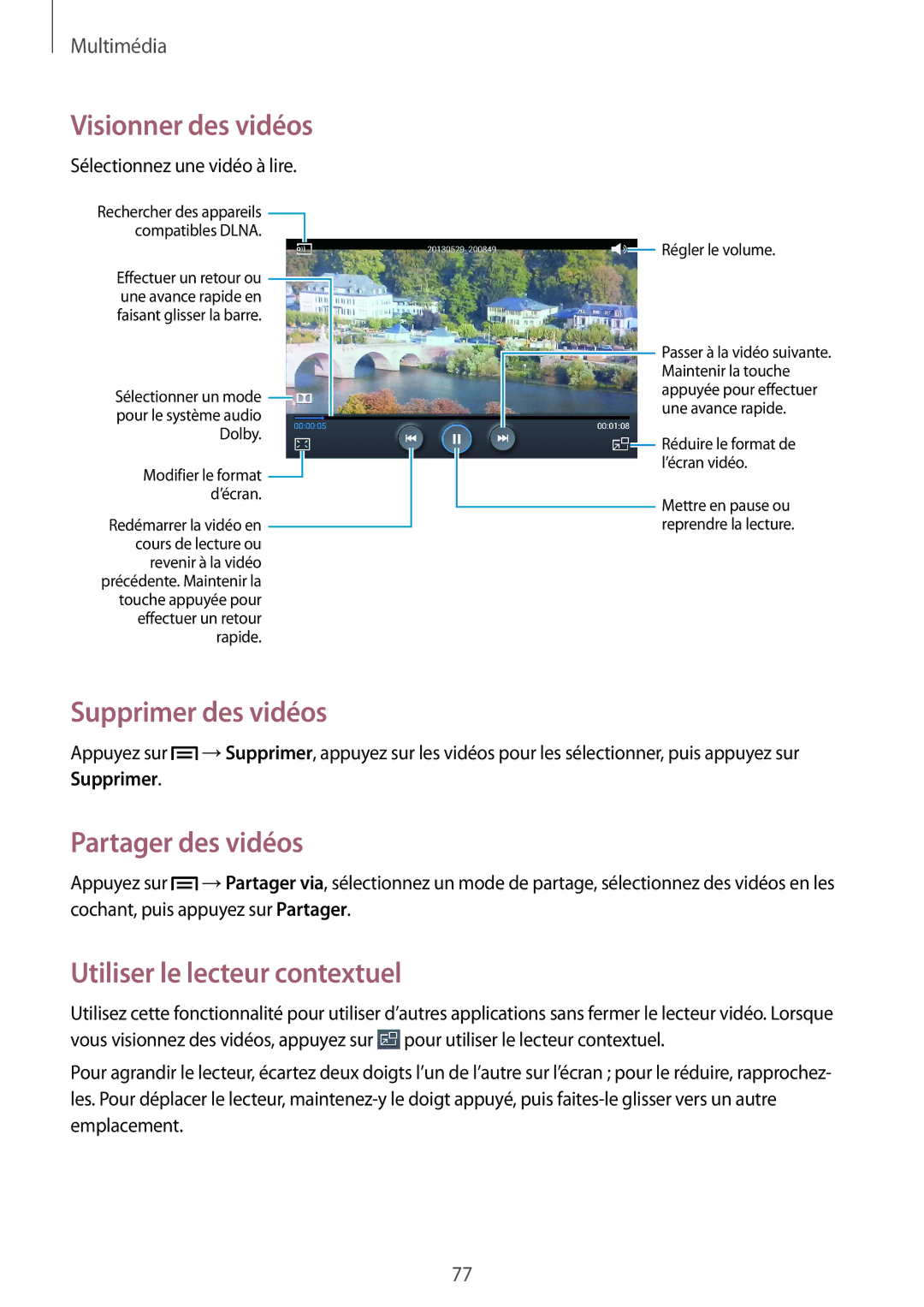 Samsung SM-T3150MKAXEF, SM-T3150ZWAXEF manual Supprimer des vidéos, Partager des vidéos, Utiliser le lecteur contextuel 