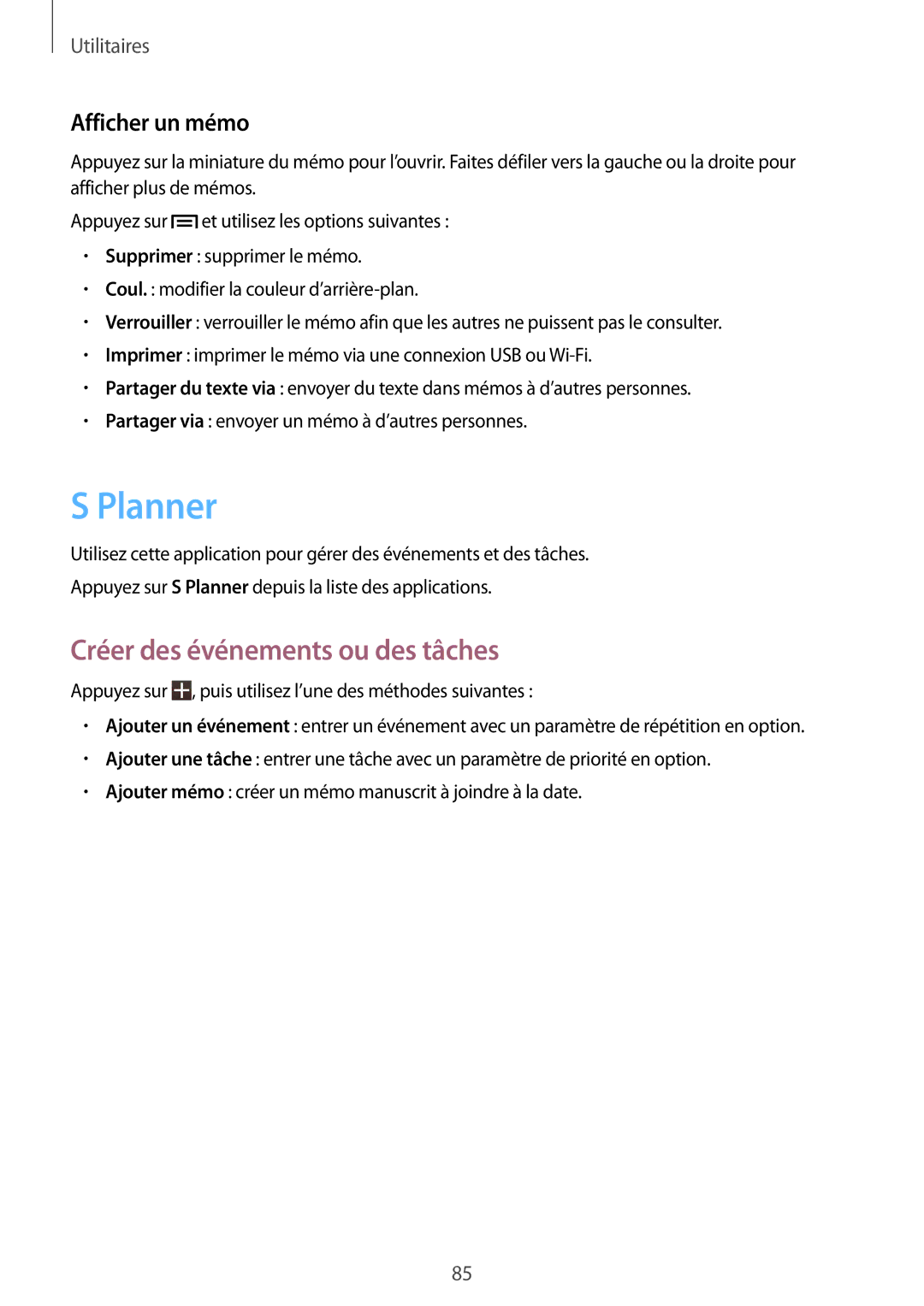 Samsung SM-T3150MKAXEF, SM-T3150ZWAXEF, SM-T3150ZWABOG manual Planner, Créer des événements ou des tâches, Afficher un mémo 