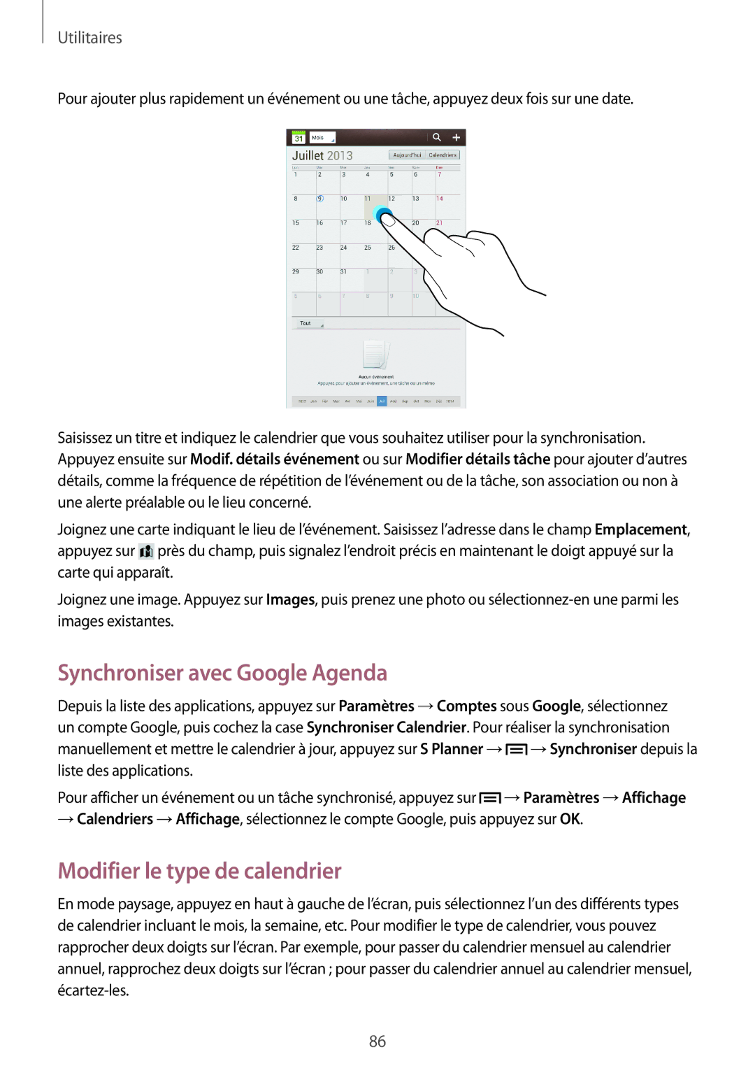 Samsung SM-T3150ZWABOG, SM-T3150ZWAXEF, SM-T3150MKAXEF manual Synchroniser avec Google Agenda, Modifier le type de calendrier 