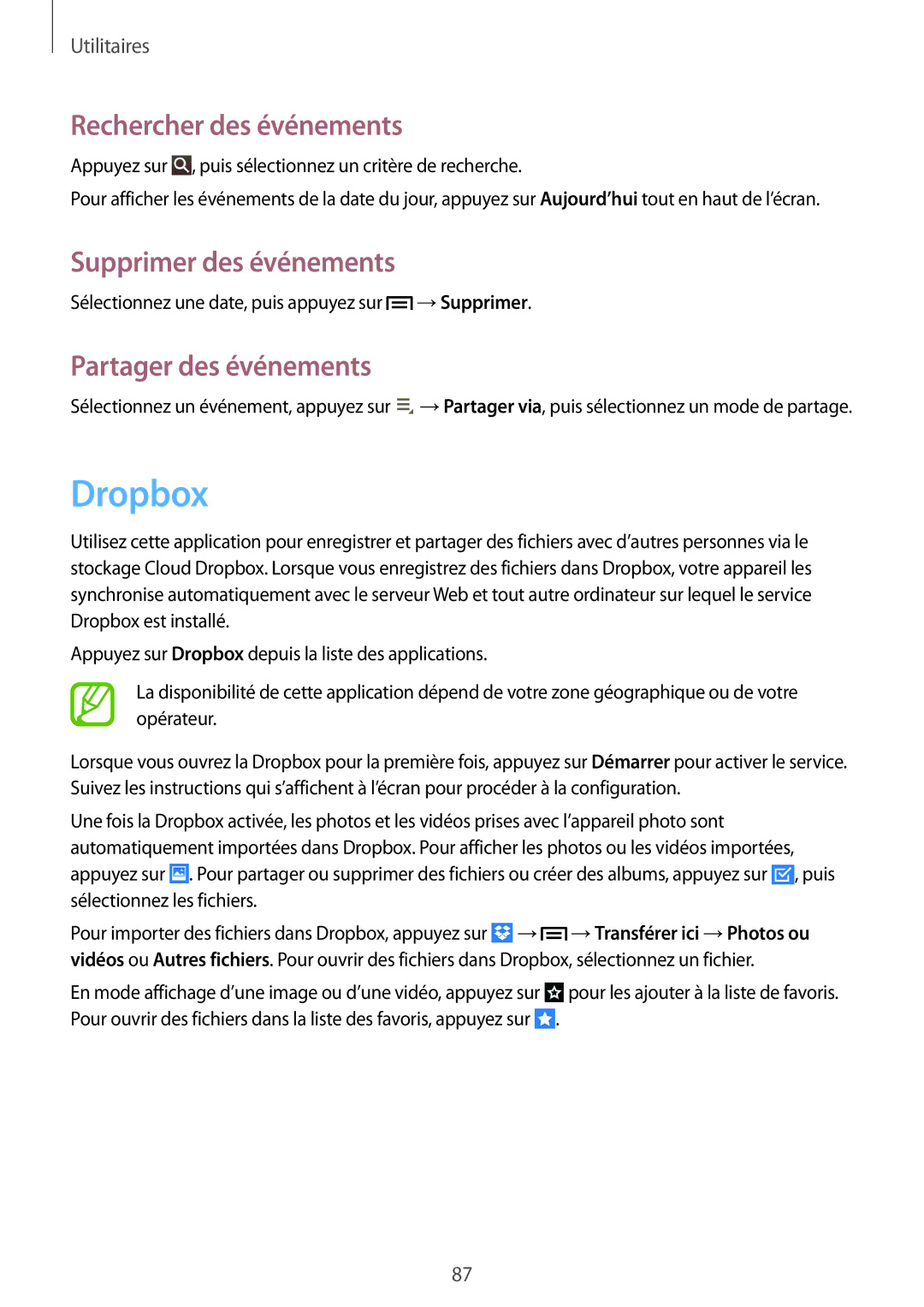 Samsung SM-T3150MKABOG manual Dropbox, Rechercher des événements, Supprimer des événements, Partager des événements 