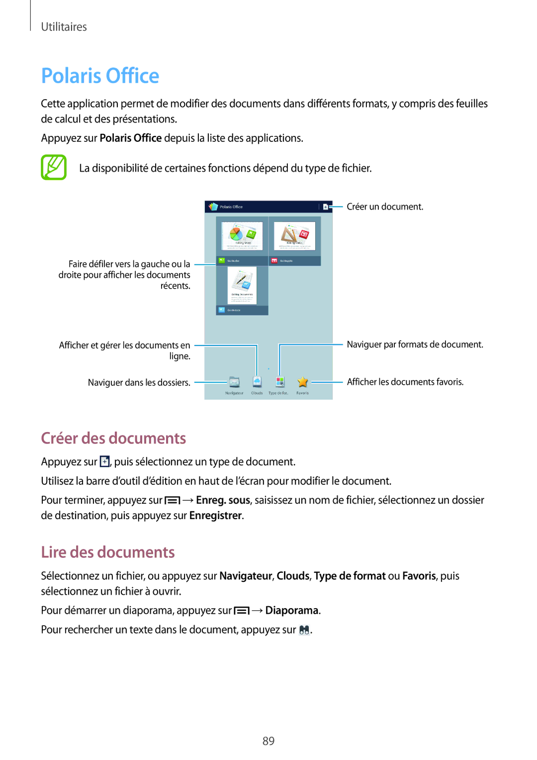 Samsung SM-T3150MKAXEF, SM-T3150ZWAXEF, SM-T3150ZWABOG manual Polaris Office, Créer des documents, Lire des documents 