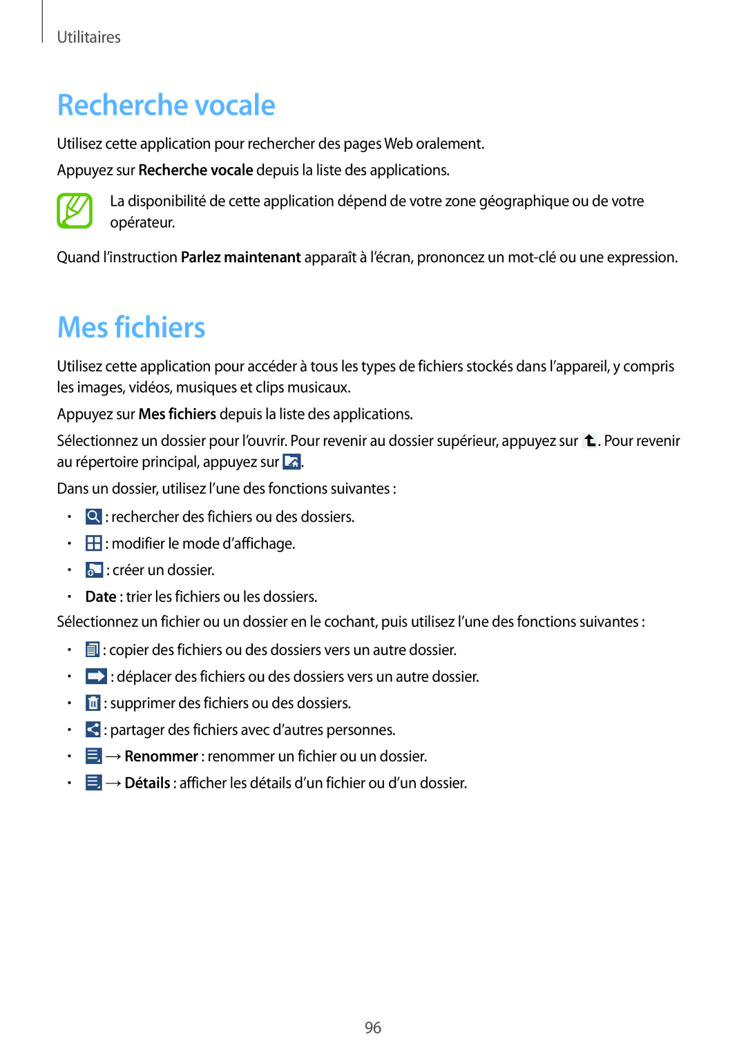 Samsung SM-T3150ZWAXEF, SM-T3150MKAXEF, SM-T3150ZWABOG, SM-T3150MKABOG manual Recherche vocale, Mes fichiers 