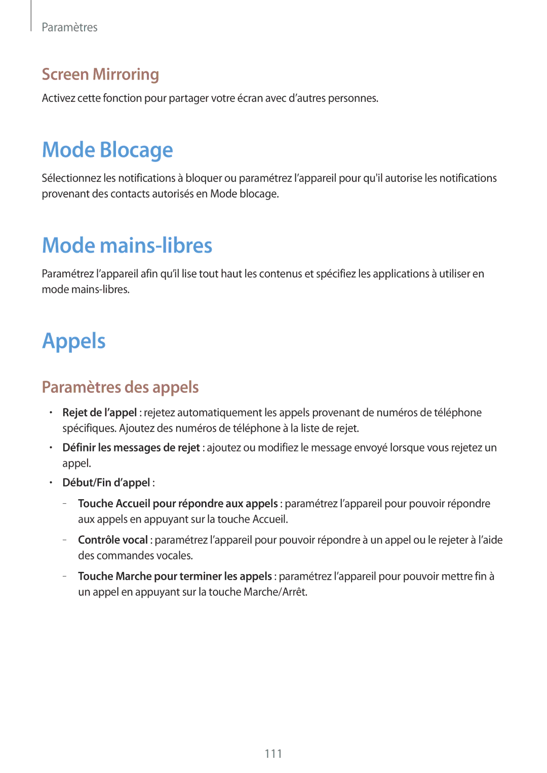 Samsung SM-T3150MKABOG, SM-T3150ZWAXEF Mode Blocage, Mode mains-libres, Appels, Screen Mirroring, Paramètres des appels 