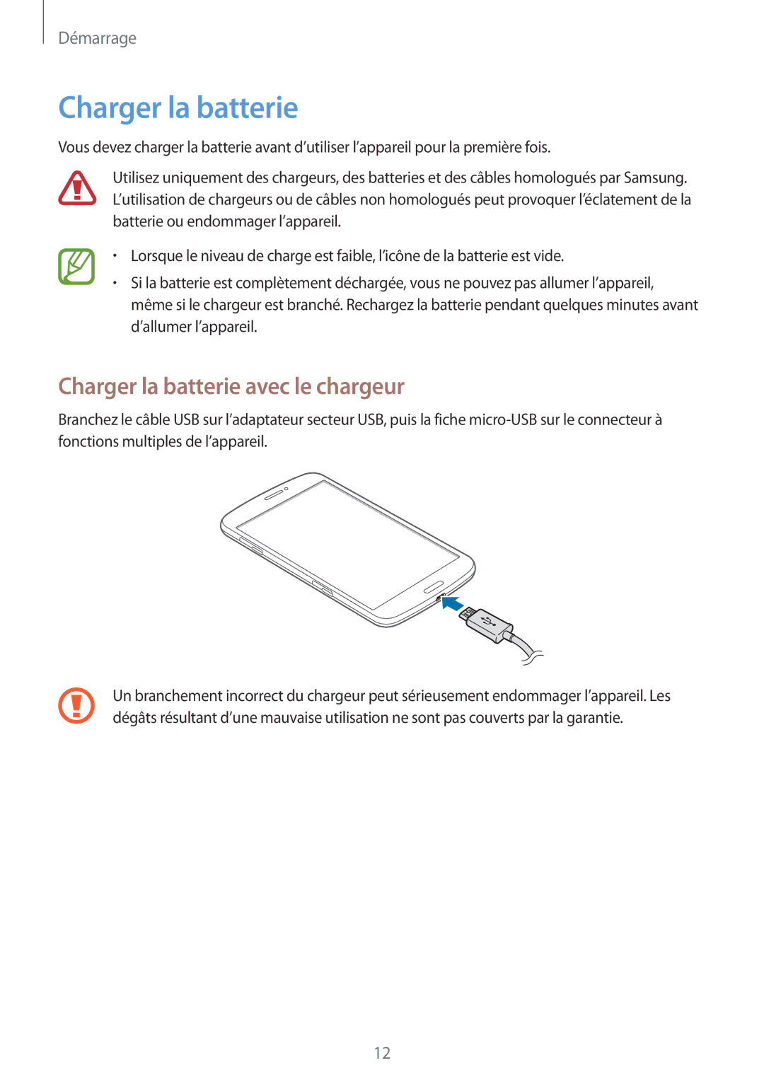 Samsung SM-T3150ZWAXEF, SM-T3150MKAXEF, SM-T3150ZWABOG, SM-T3150MKABOG manual Charger la batterie avec le chargeur 