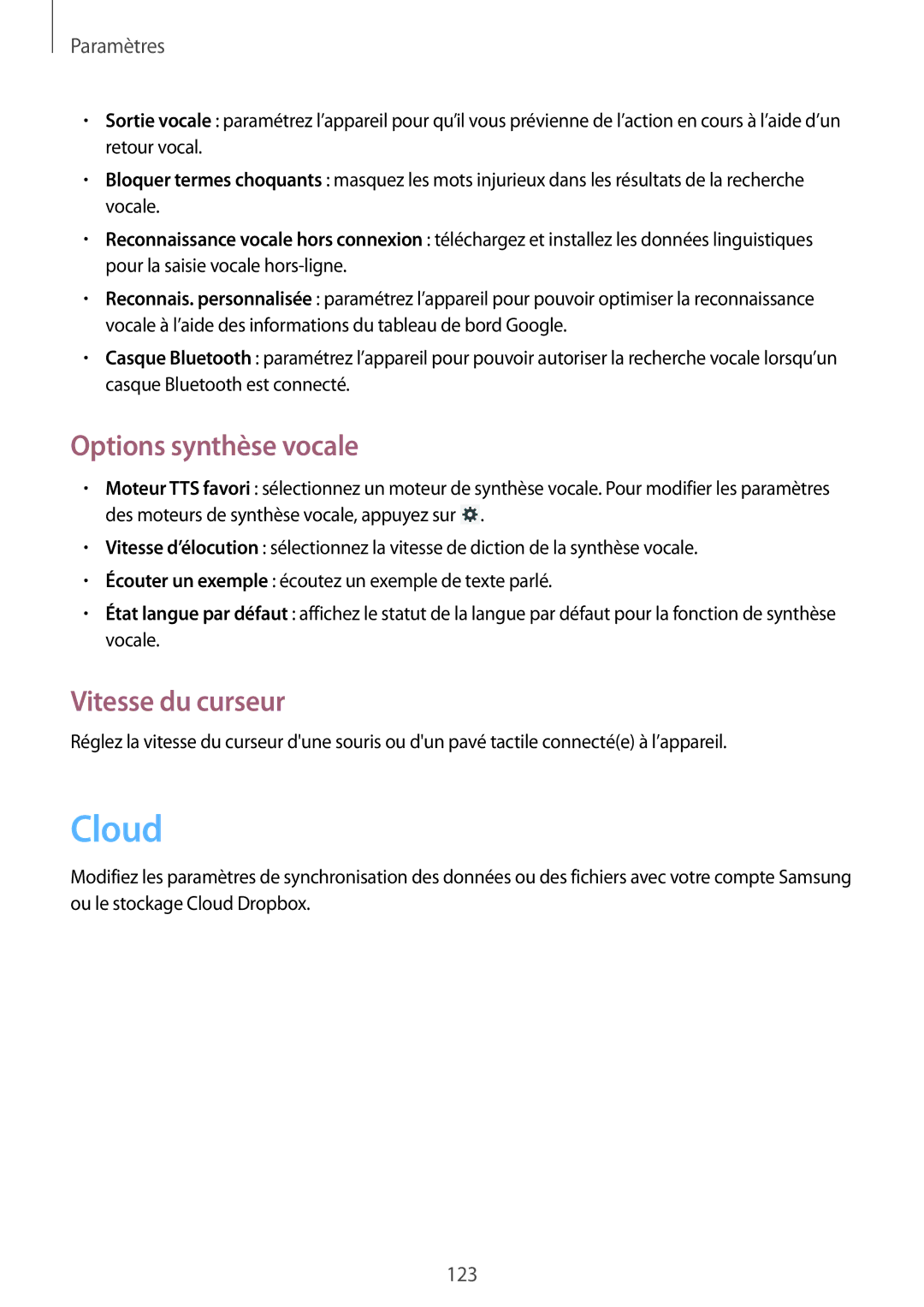 Samsung SM-T3150MKABOG, SM-T3150ZWAXEF, SM-T3150MKAXEF, SM-T3150ZWABOG manual Options synthèse vocale, Vitesse du curseur 