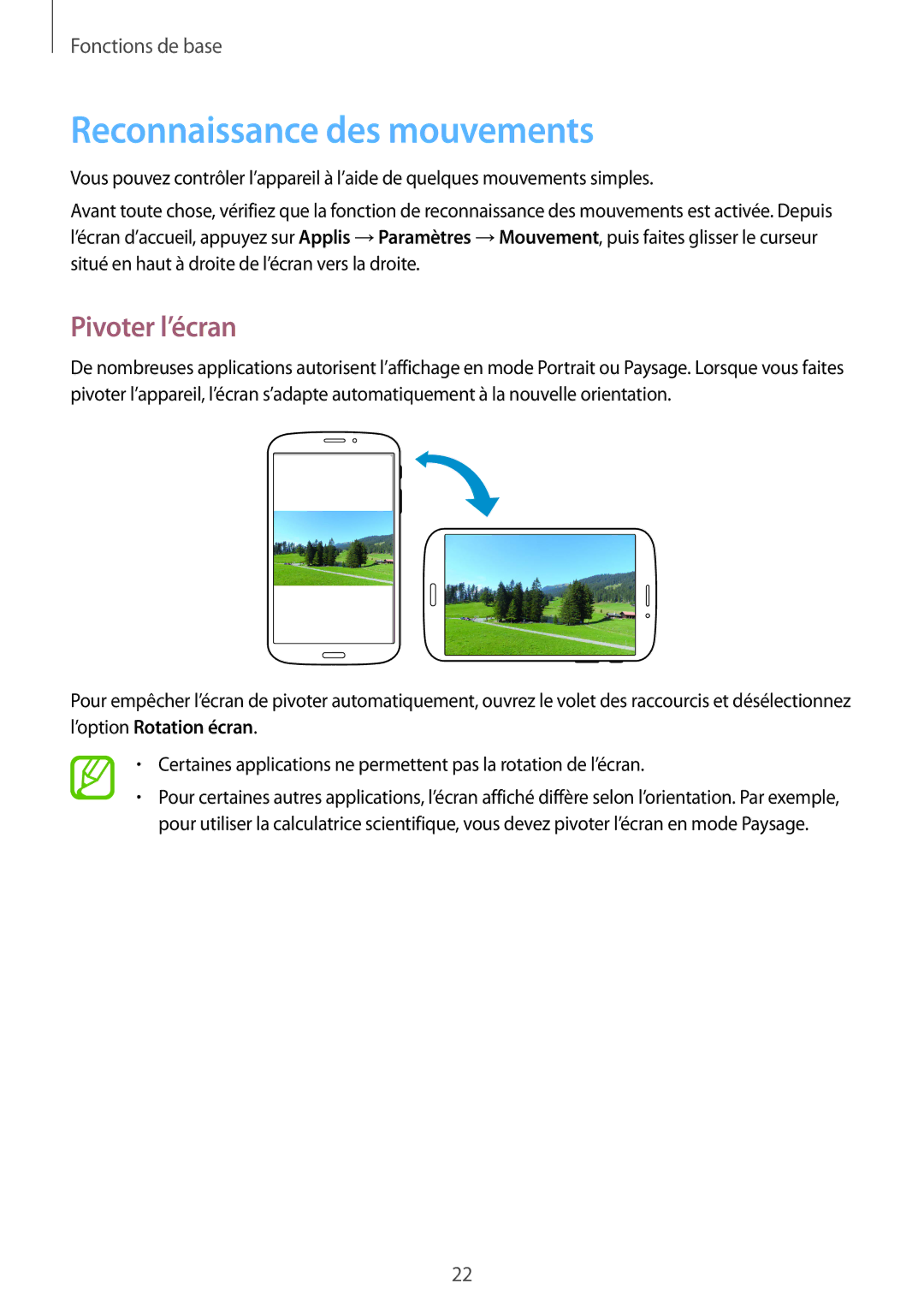 Samsung SM-T3150ZWABOG, SM-T3150ZWAXEF, SM-T3150MKAXEF, SM-T3150MKABOG manual Reconnaissance des mouvements, Pivoter l’écran 