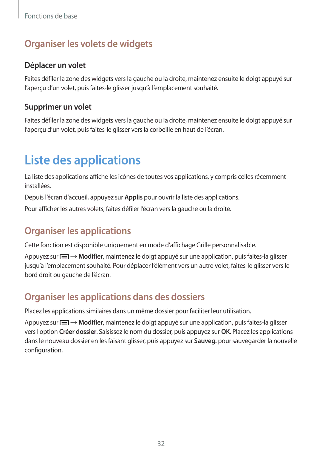 Samsung SM-T3150ZWAXEF, SM-T3150MKAXEF Liste des applications, Organiser les volets de widgets, Organiser les applications 