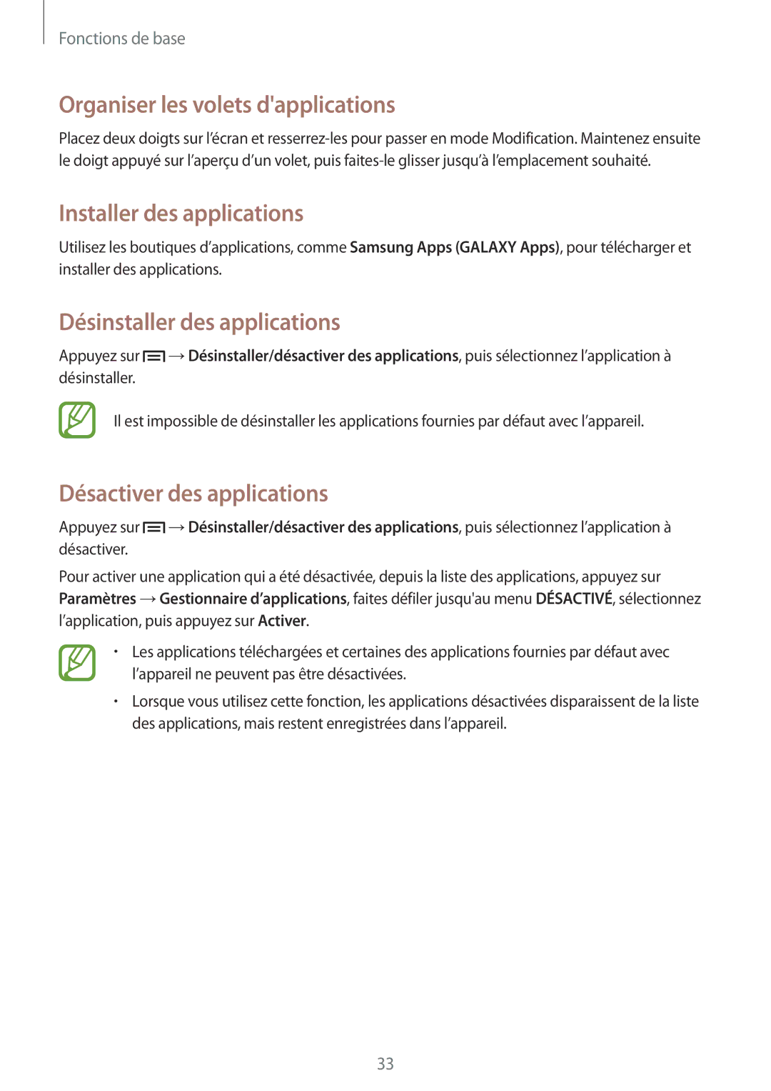 Samsung SM-T3150MKAXEF manual Organiser les volets dapplications, Installer des applications, Désinstaller des applications 