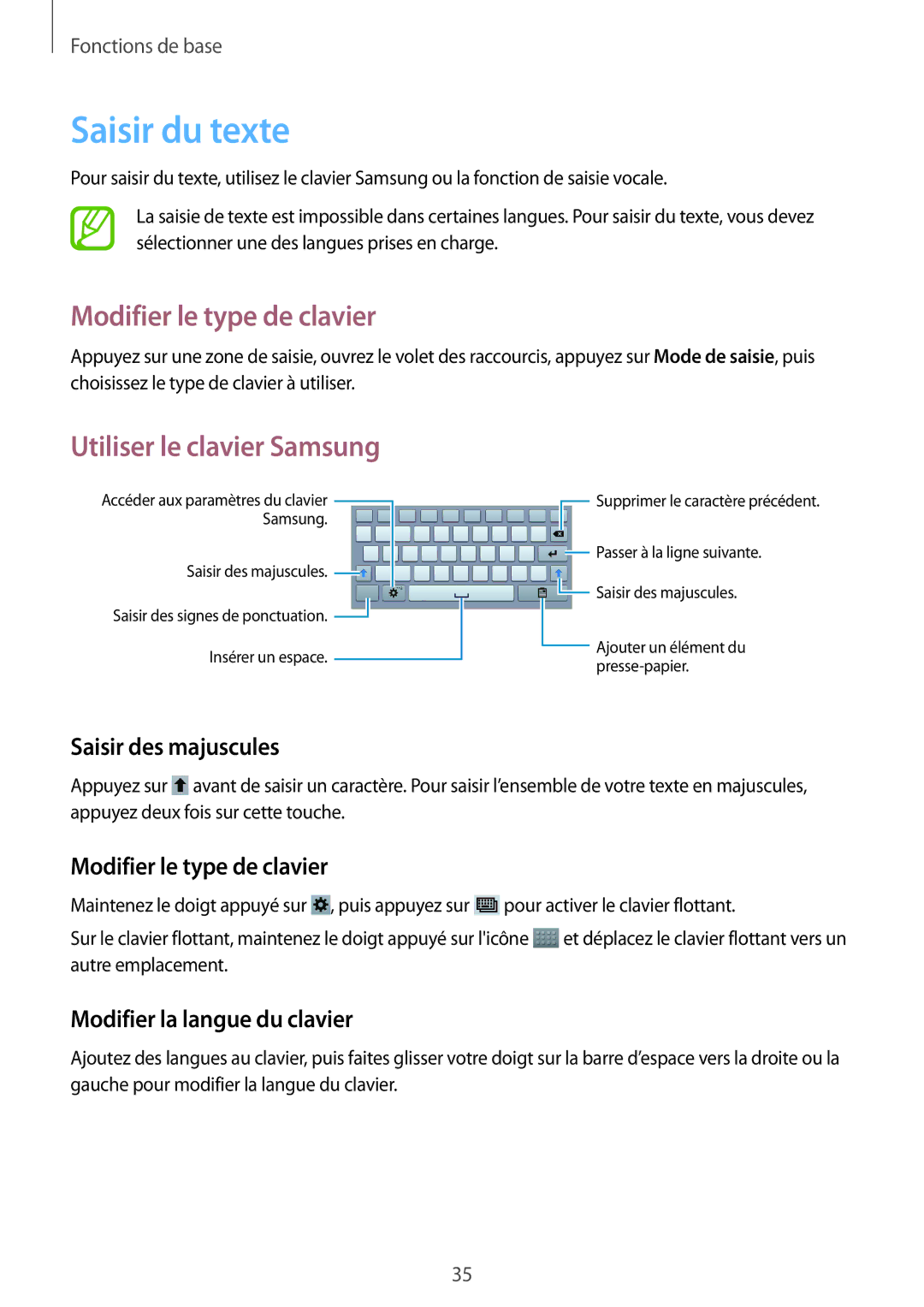 Samsung SM-T3150MKABOG, SM-T3150ZWAXEF manual Saisir du texte, Modifier le type de clavier, Utiliser le clavier Samsung 