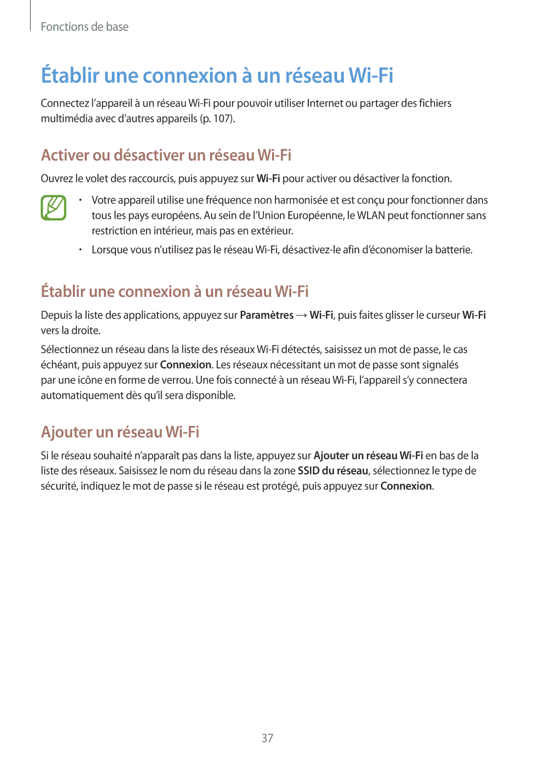 Samsung SM-T3150MKAXEF, SM-T3150ZWAXEF manual Établir une connexion à un réseau Wi-Fi, Activer ou désactiver un réseau Wi-Fi 