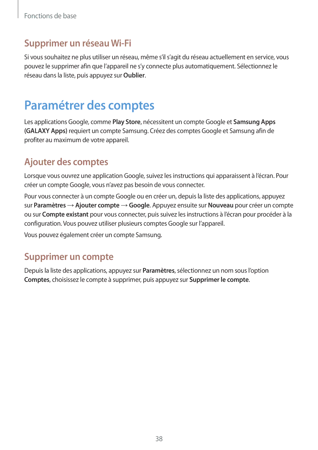 Samsung SM-T3150ZWABOG manual Paramétrer des comptes, Supprimer un réseau Wi-Fi, Ajouter des comptes, Supprimer un compte 