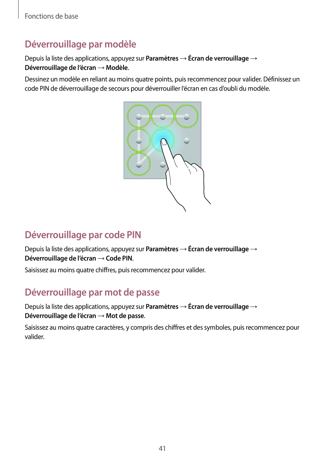 Samsung SM-T3150MKAXEF manual Déverrouillage par modèle, Déverrouillage par code PIN, Déverrouillage par mot de passe 