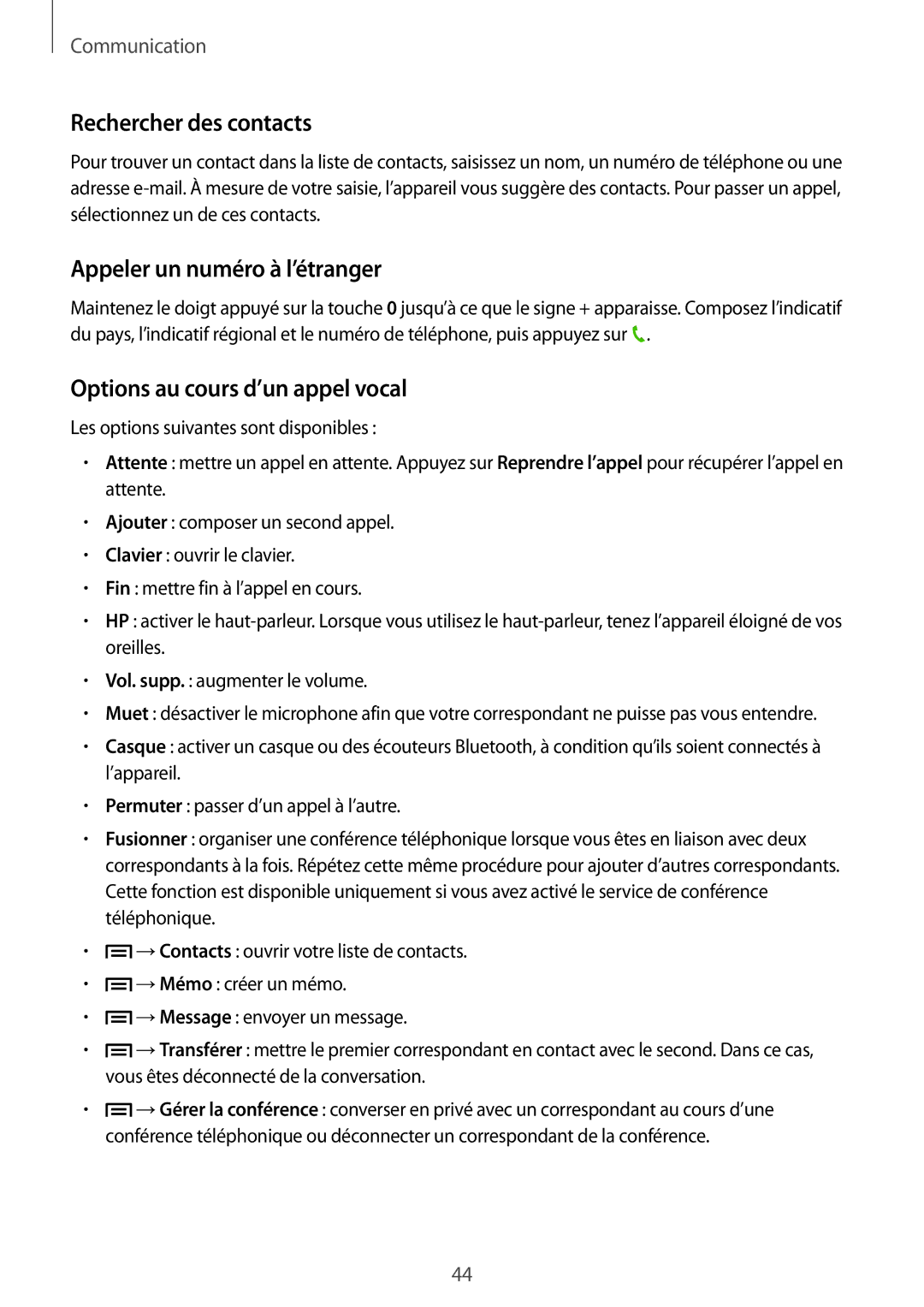 Samsung SM-T3150ZWAXEF manual Rechercher des contacts, Appeler un numéro à l’étranger, Options au cours d’un appel vocal 