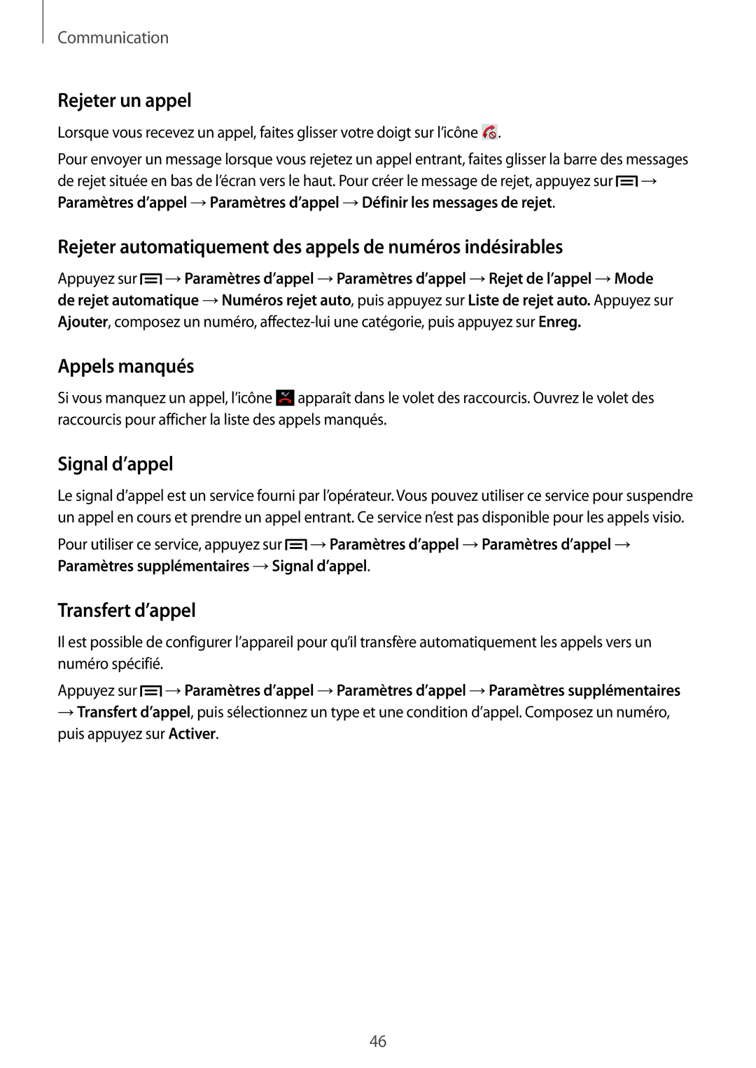 Samsung SM-T3150ZWABOG manual Rejeter un appel, Rejeter automatiquement des appels de numéros indésirables, Appels manqués 