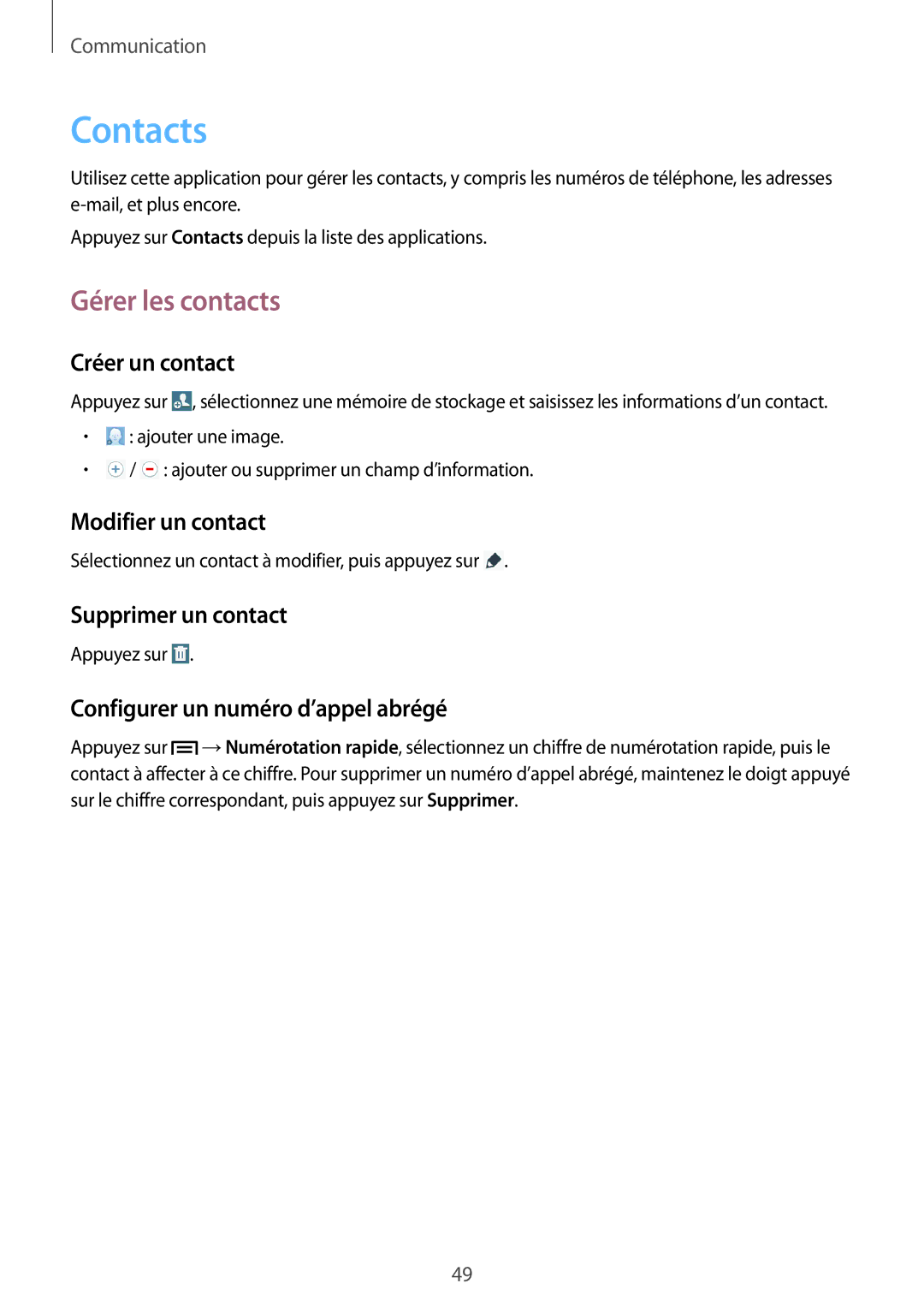 Samsung SM-T3150MKAXEF, SM-T3150ZWAXEF, SM-T3150ZWABOG, SM-T3150MKABOG manual Contacts, Gérer les contacts 