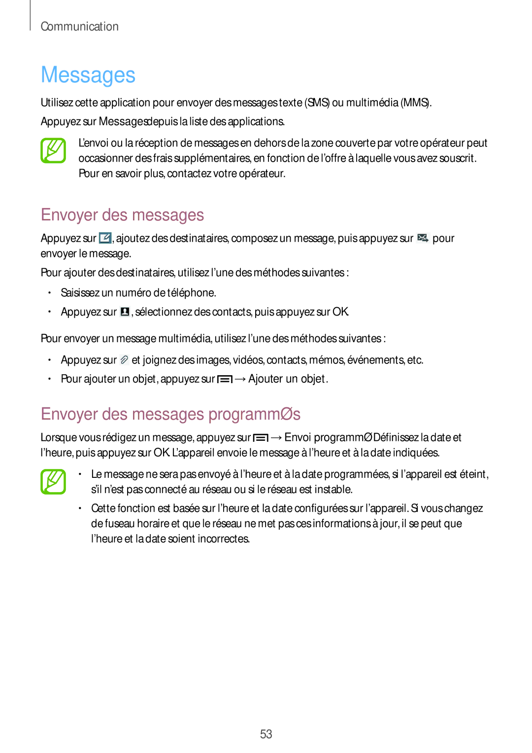 Samsung SM-T3150MKAXEF, SM-T3150ZWAXEF, SM-T3150ZWABOG, SM-T3150MKABOG manual Messages, Envoyer des messages programmés 